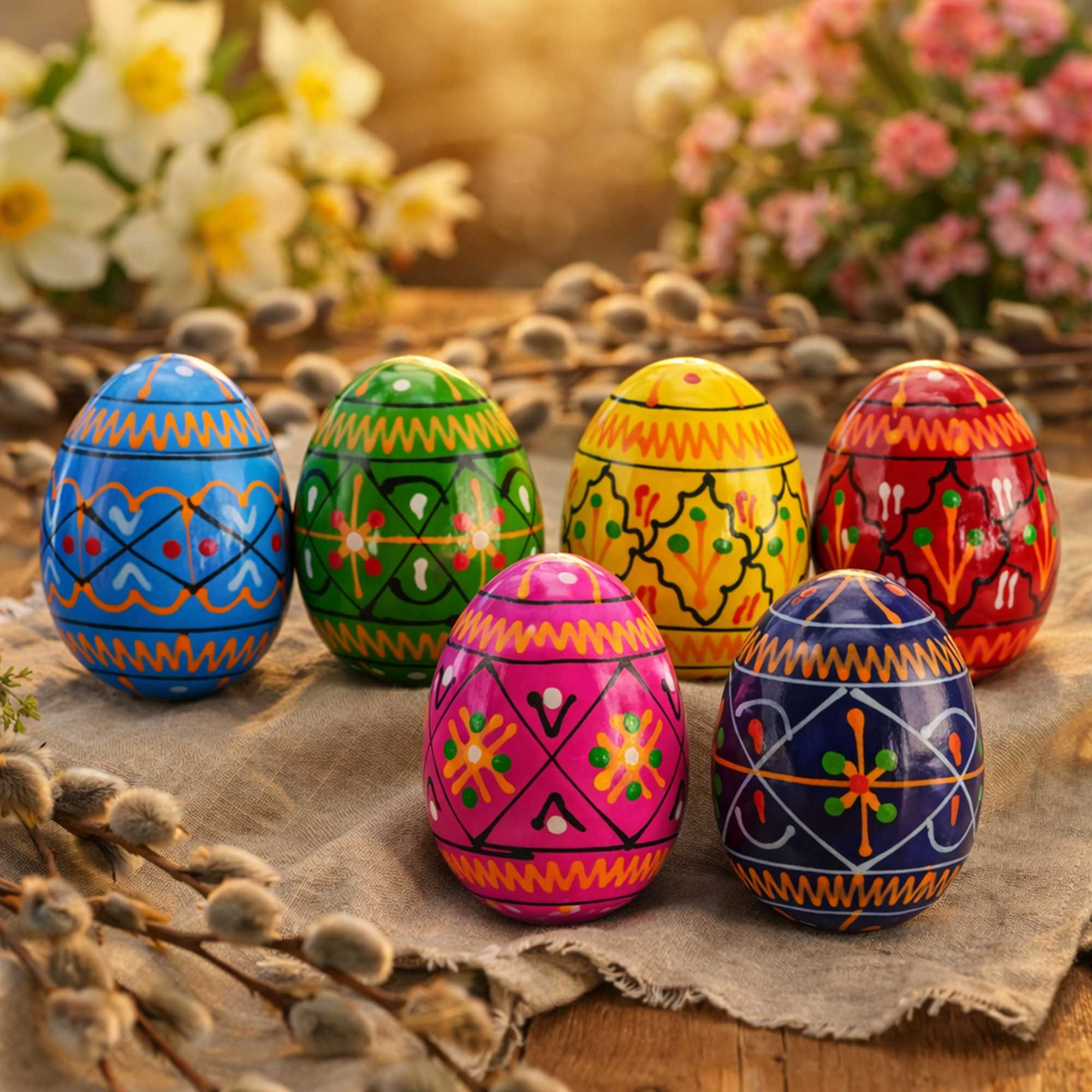 Set of 6 Mini Geometric Ukrainian Pysanky Wooden Easter Eggs 1.6 Inches