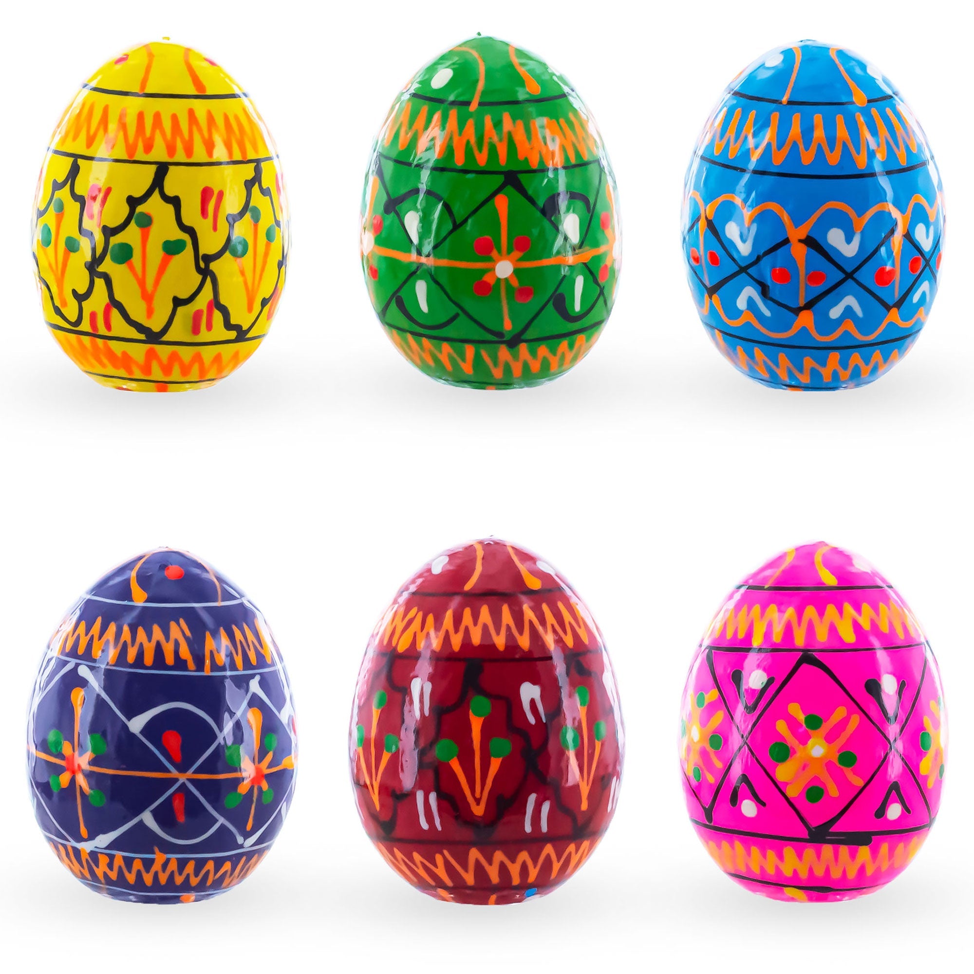 Set of 6 Mini Geometric Ukrainian Pysanky Wooden Easter Eggs 1.6 Inches