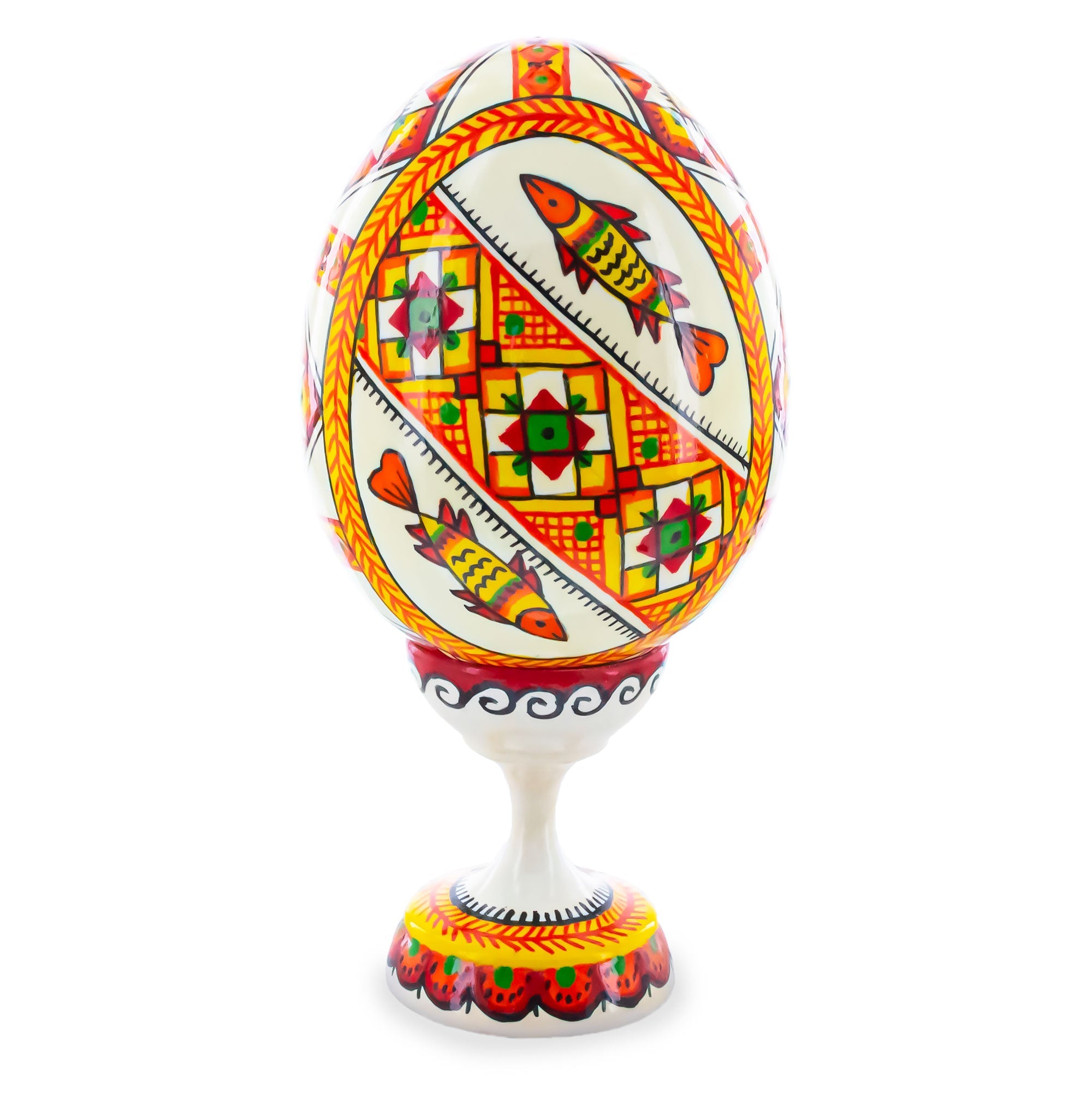 Fish Ukrainian Wooden Easter Egg Pysanka on a Stand 3.75 Inches