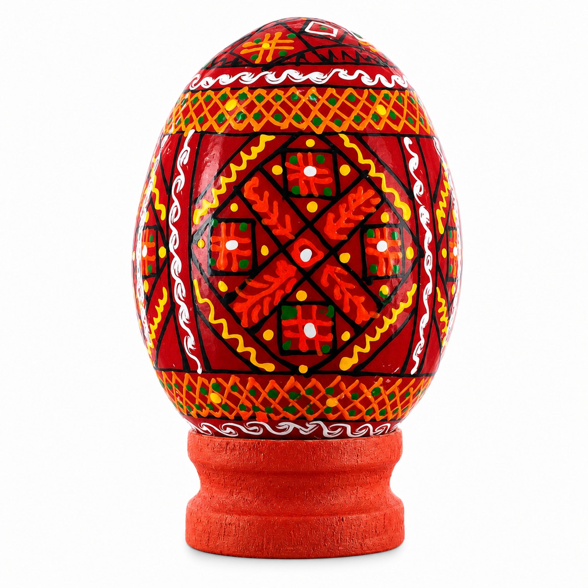 Geometrical Red Ukrainian Wooden Easter Egg Pysanka on a Stand 3 Inches