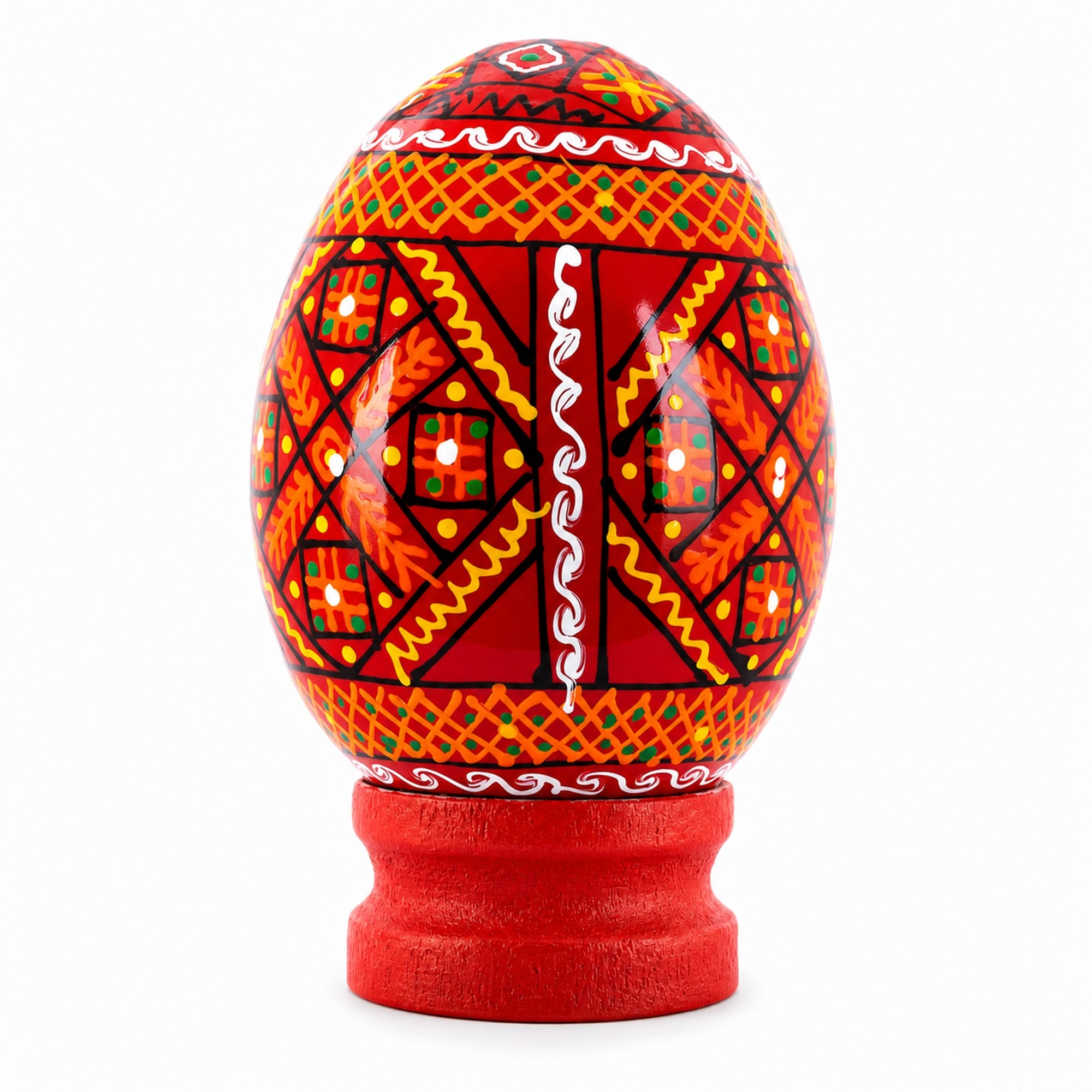 Geometrical Red Ukrainian Wooden Easter Egg Pysanka on a Stand 3 Inches