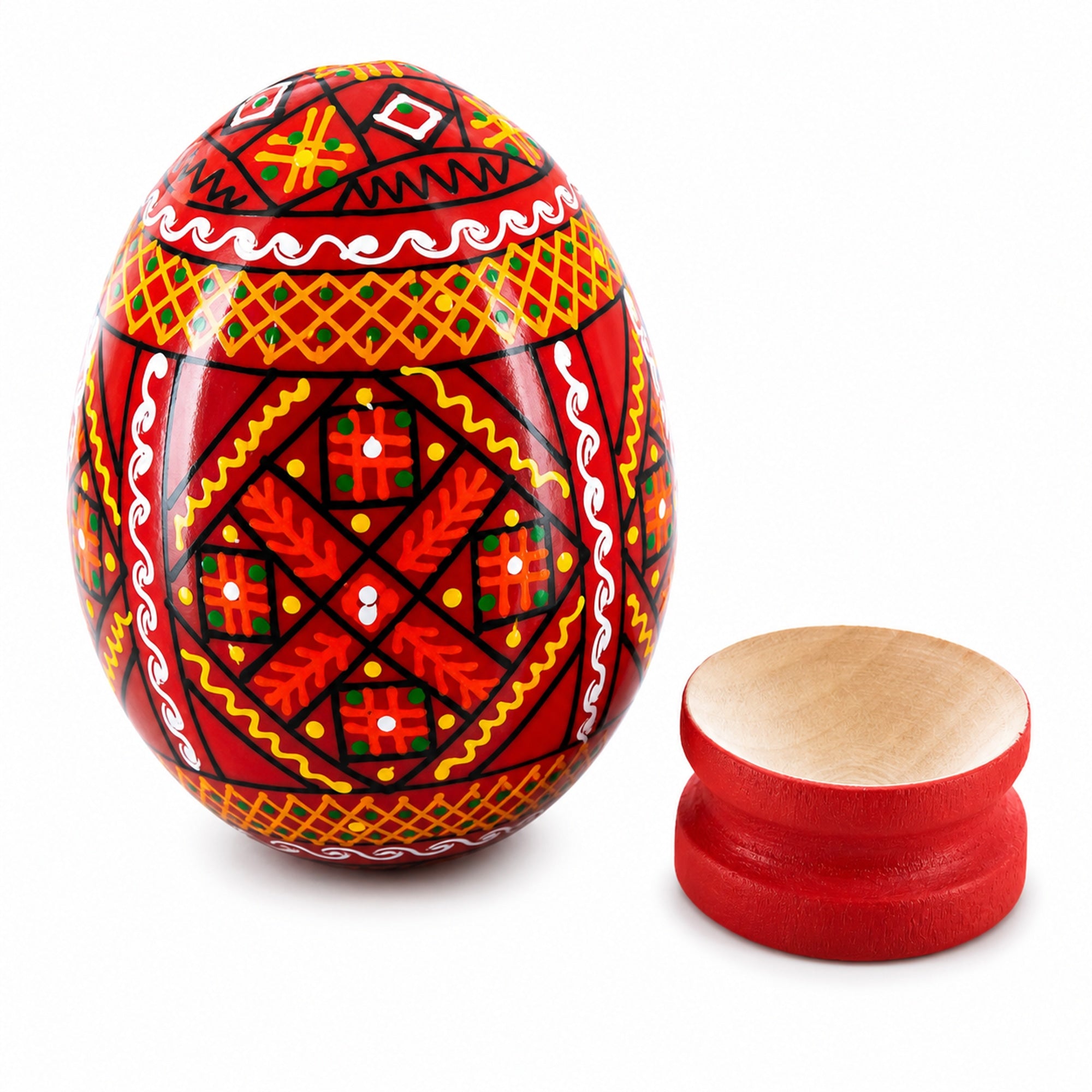Geometrical Red Ukrainian Wooden Easter Egg Pysanka on a Stand 3 Inches