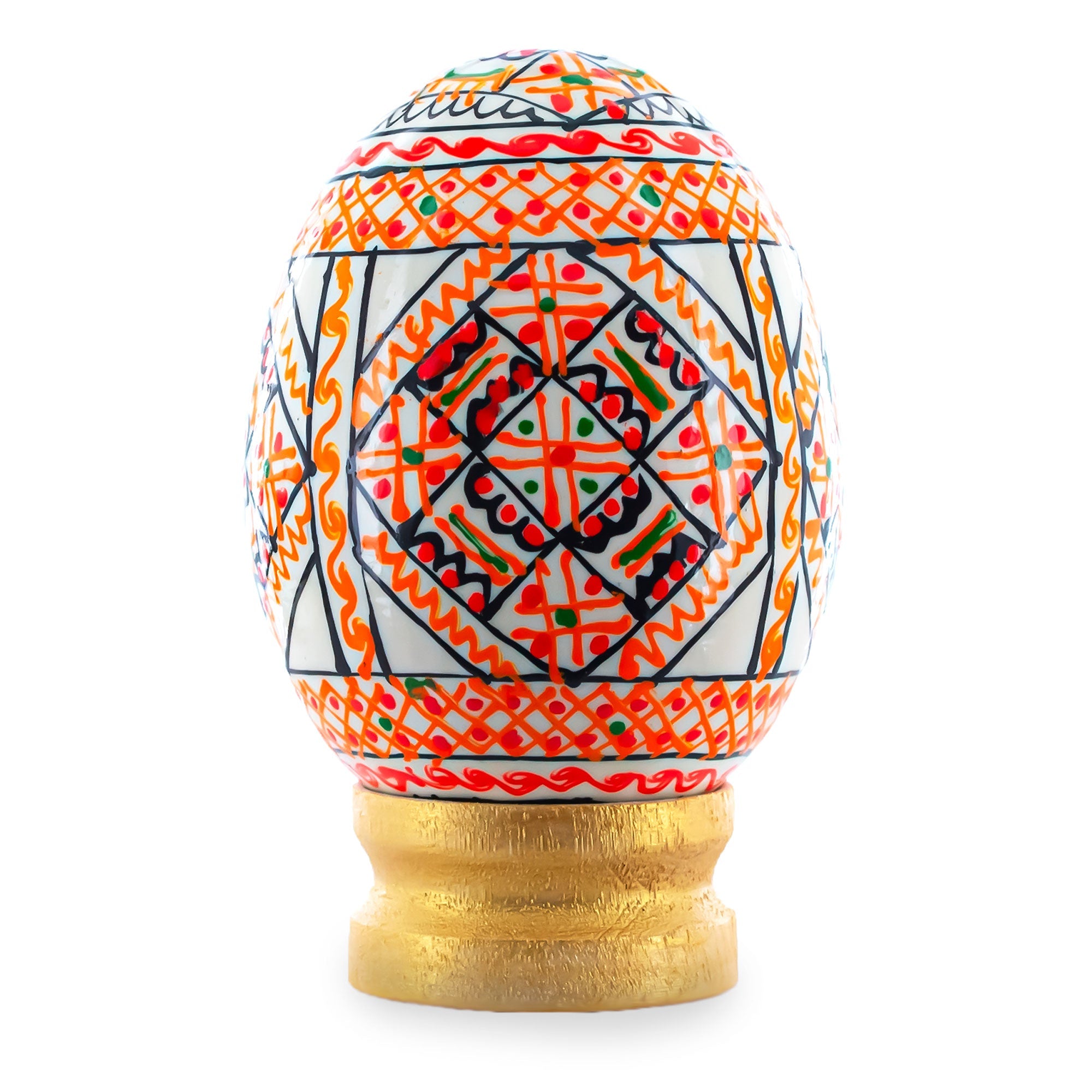 Geometrical White Ukrainian Wooden Easter Egg Pysanka on a Stand 3 Inches