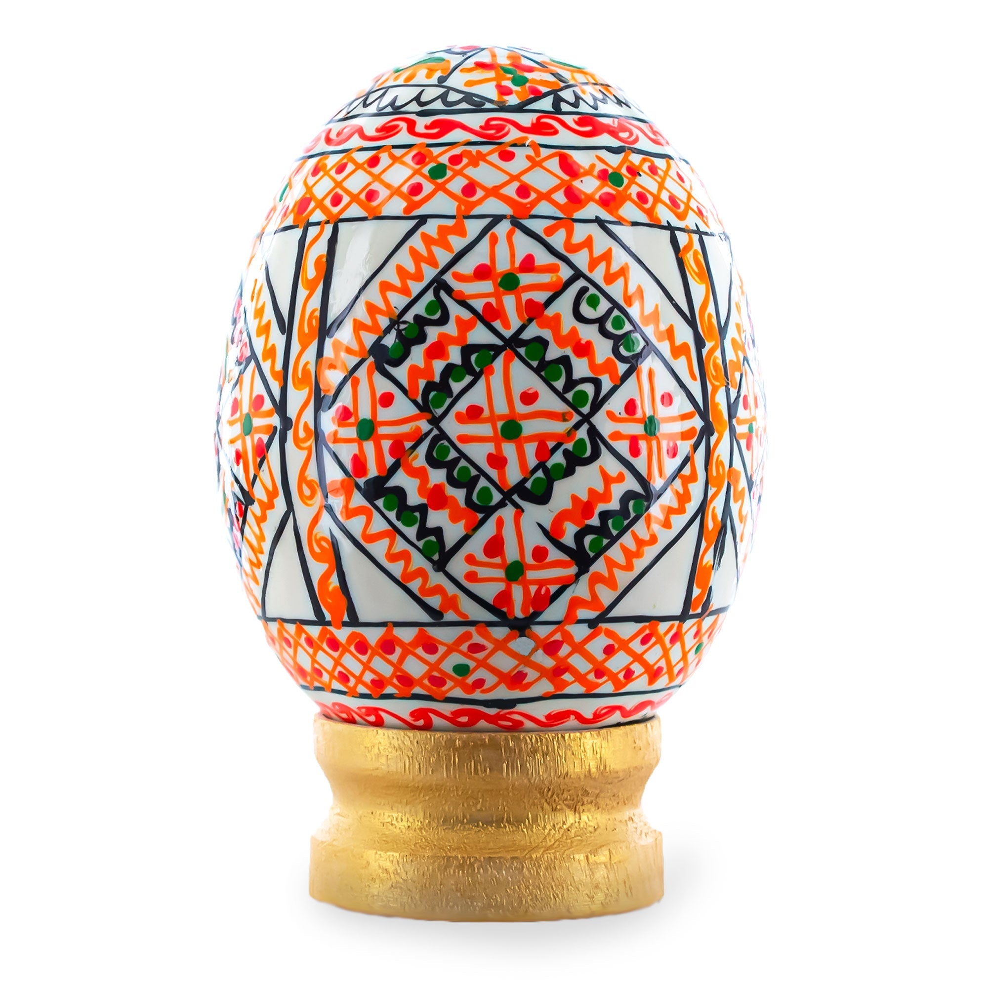 Geometrical White Ukrainian Wooden Easter Egg Pysanka on a Stand 3 Inches