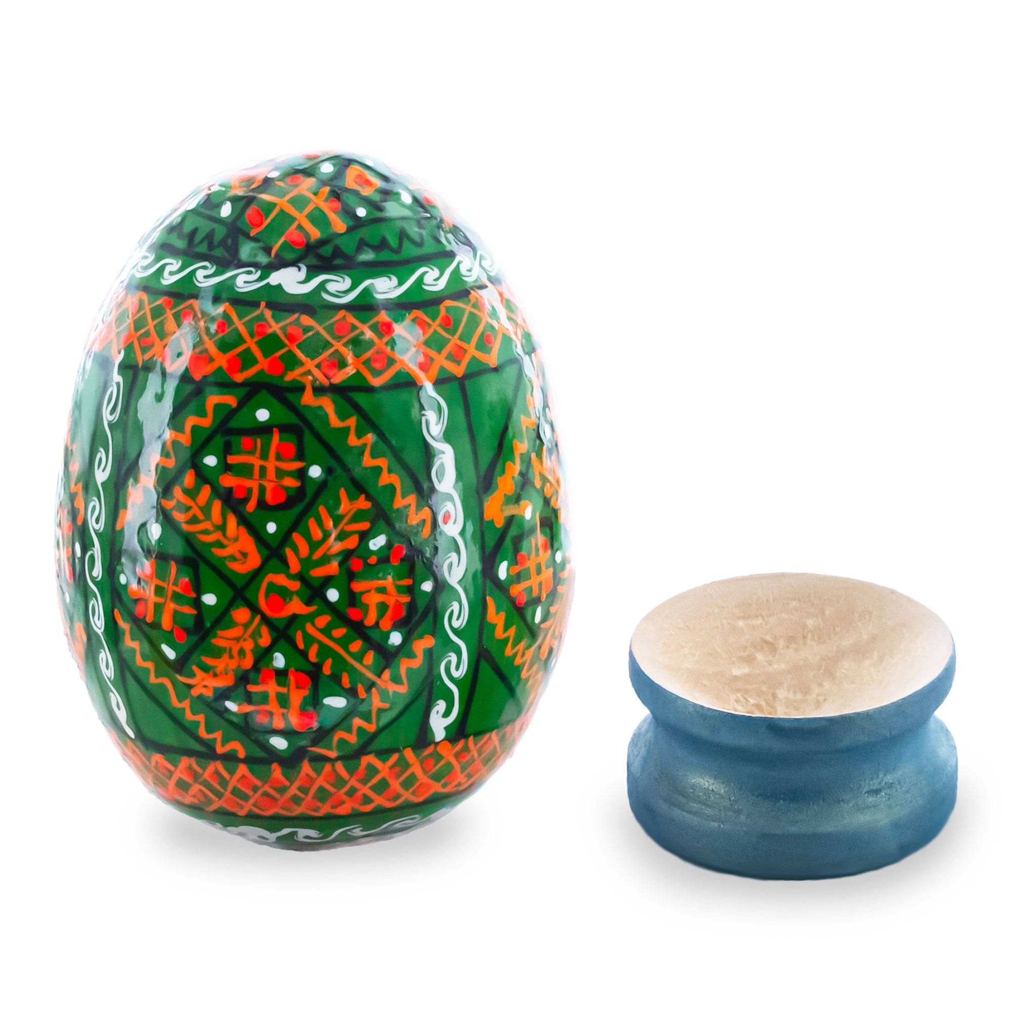 Geometrical Green Ukrainian Wooden Easter Egg Pysanka on a Stand 3 Inches