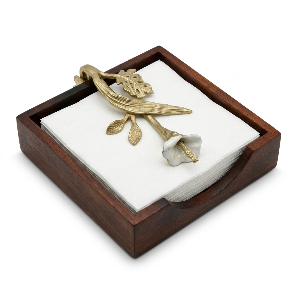 Wooden Napkin Holder – Solid Wood Serviette Holder with Gold Finish Ornament