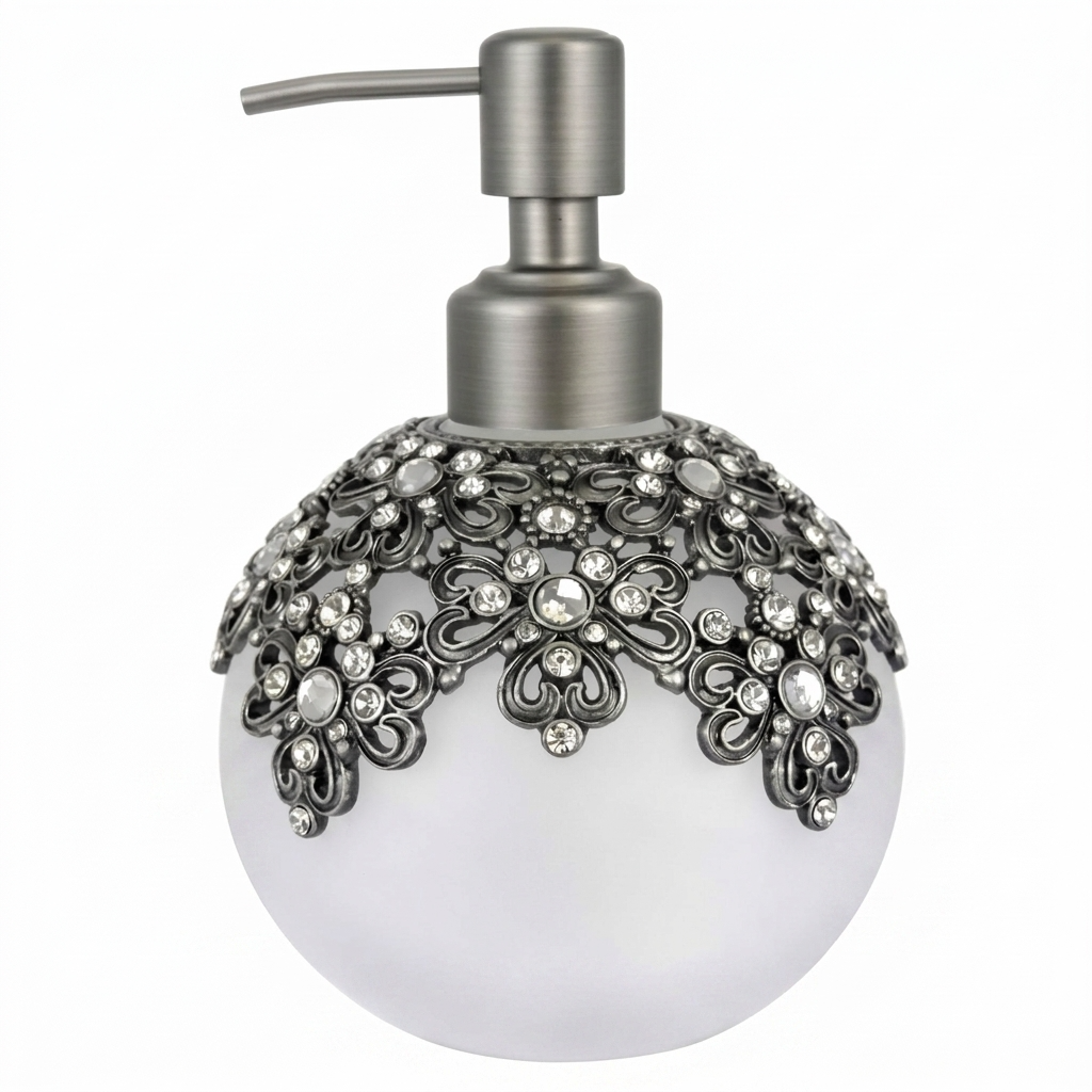 Soap Dispenser – Frosted Glass Bathroom Lotion Pump with Pewter & Rhinestones