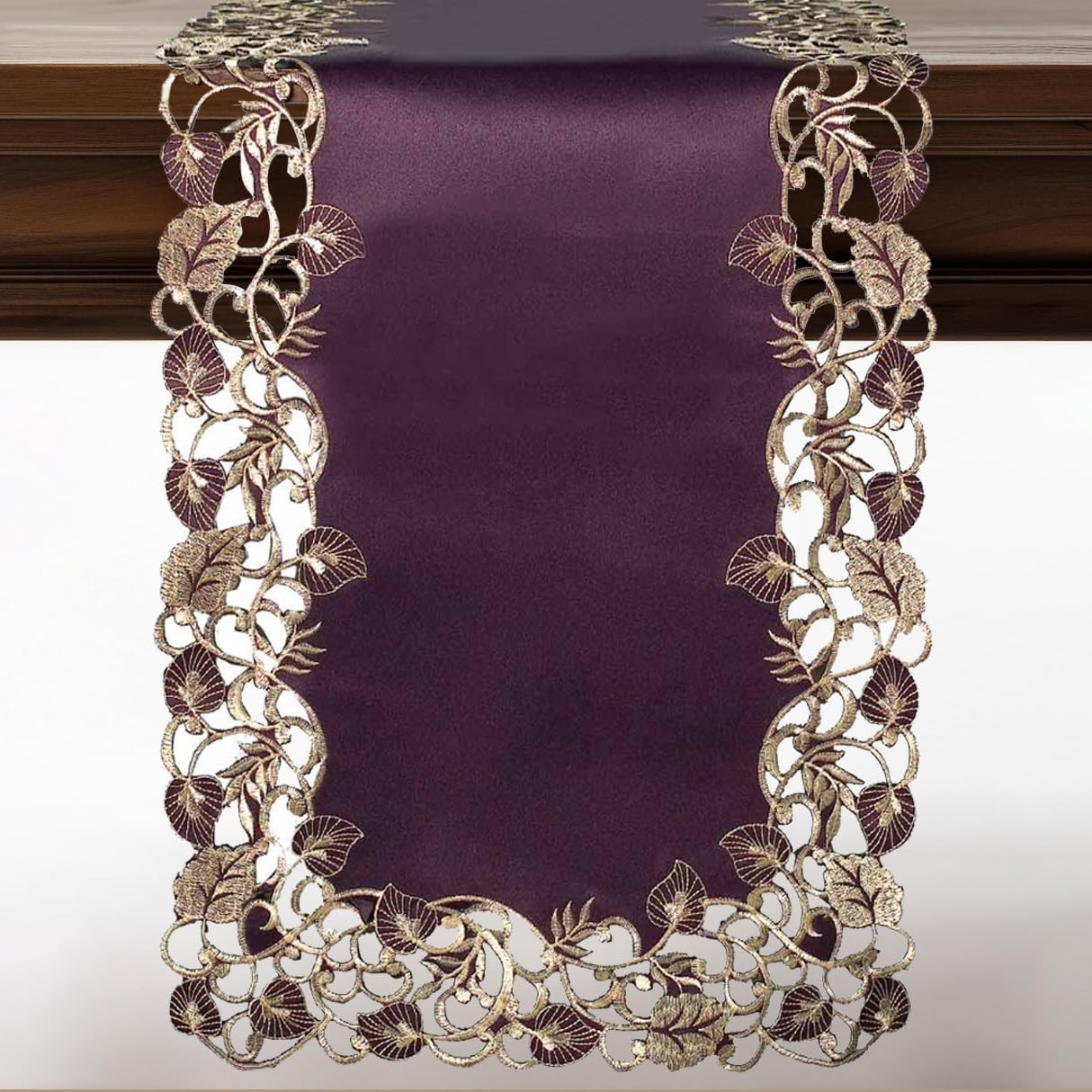 Plum Gold Table Runner – Rustic Embroidered Linen Decor for Dining Table 14x108 Inch