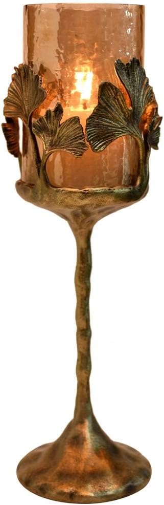 Gold Candle Holder - Glass Hurricane with Gingko Leaf Design for Indoor Decor