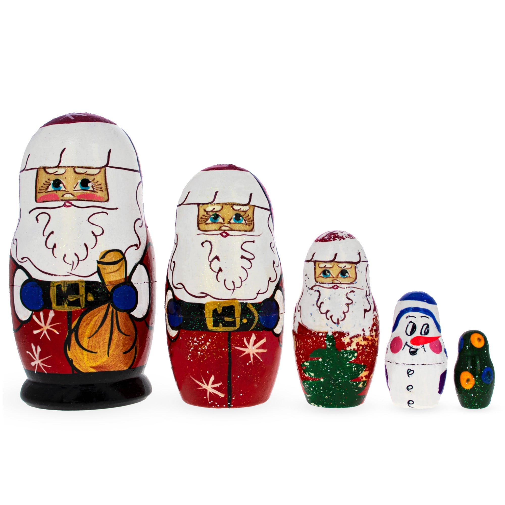Set of 5 Wooden Christmas Nesting Dolls - 4.2" Santa Stacking Matryoshka