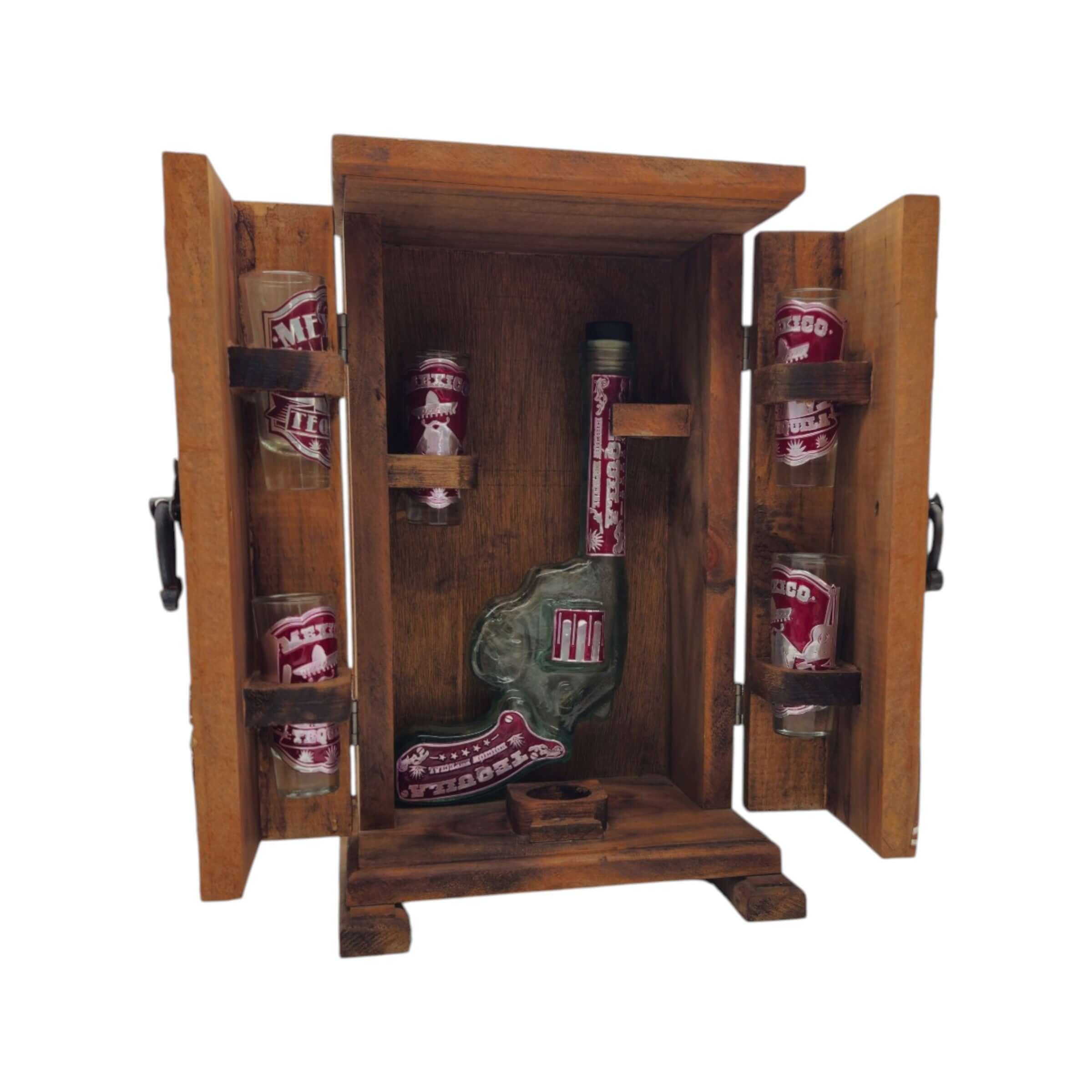 Mexican Revolver Decanter Set With 6 Shot Glasses | Wooden Box