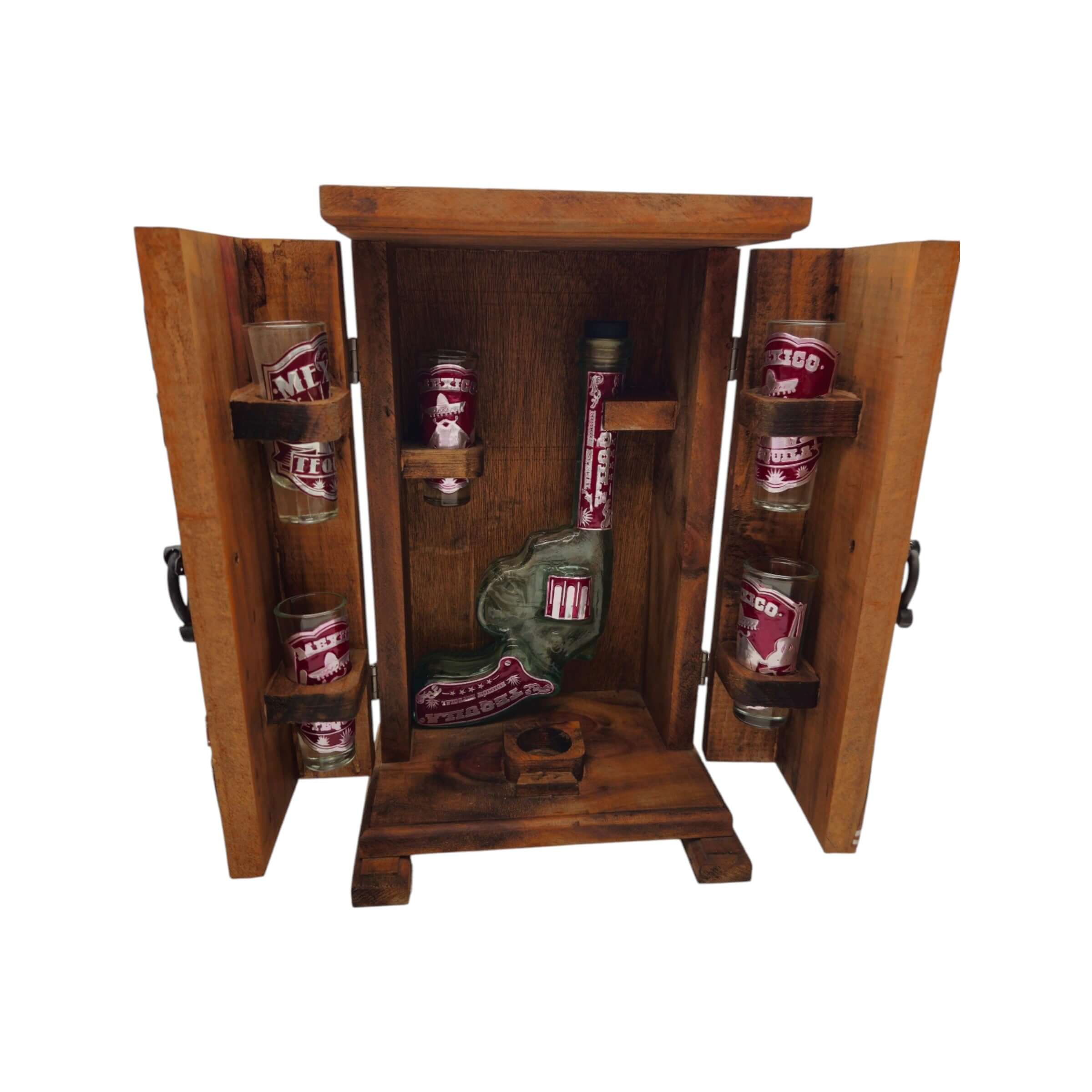 Mexican Revolver Decanter Set With 6 Shot Glasses | Wooden Box