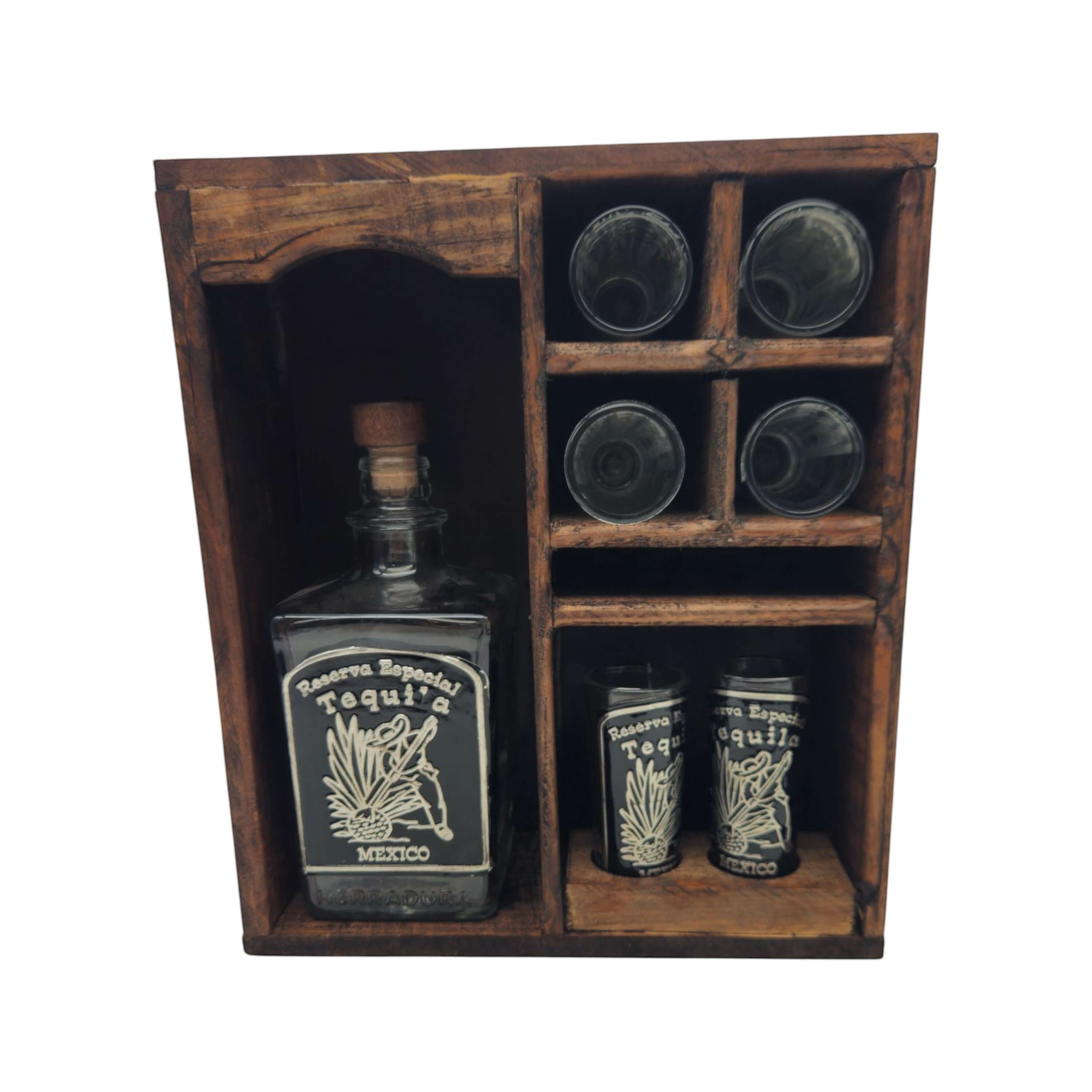 Mexican Tequila Decanter & Shot Glass Set | Rustic Wooden Display