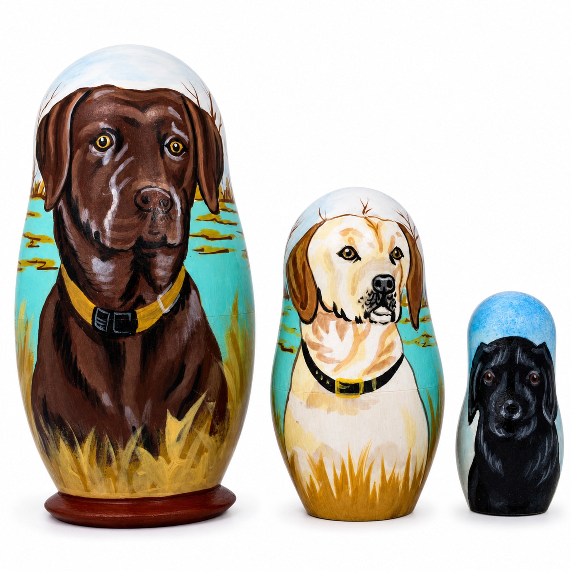 Chocolate, Yellow & Black Labrador Retrievers Wooden Nesting Dolls 4.25 Inches