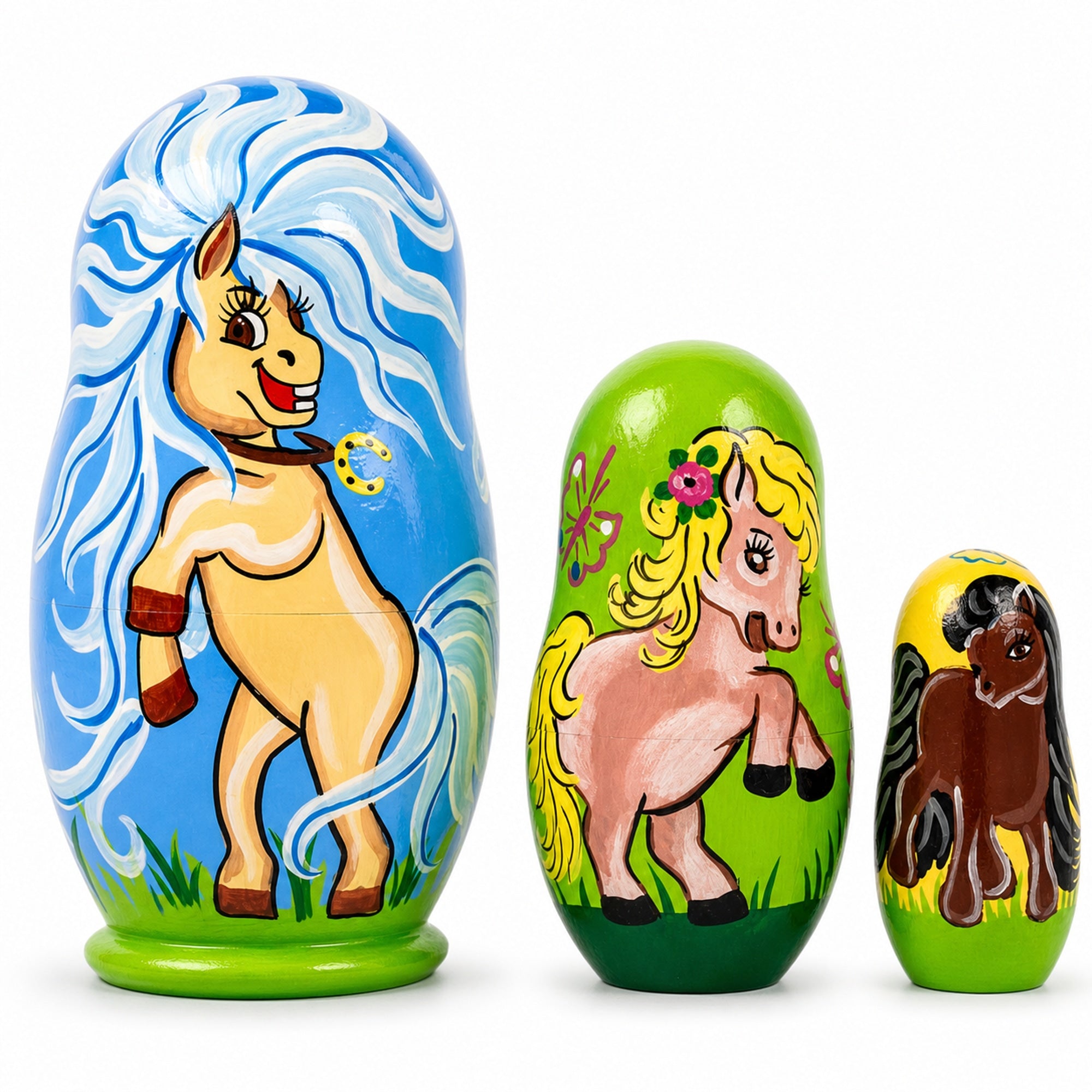 Set of 3 Pony Horses Wooden Nesting Dolls 4.25 Inches