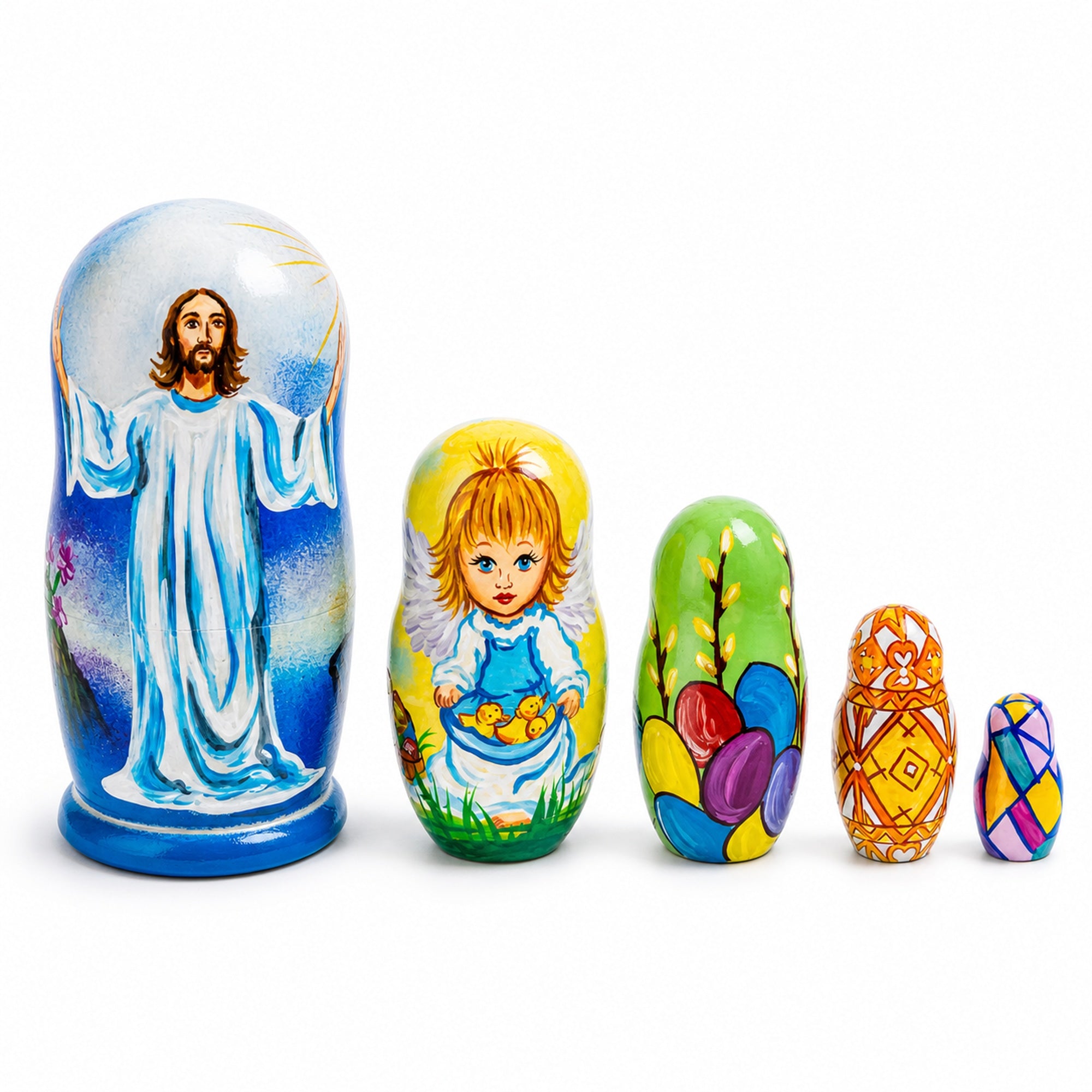 Set of 5 Jesus Christ Rising, Angel and Easter Eggs Wooden Nesting Dolls 6 Inches