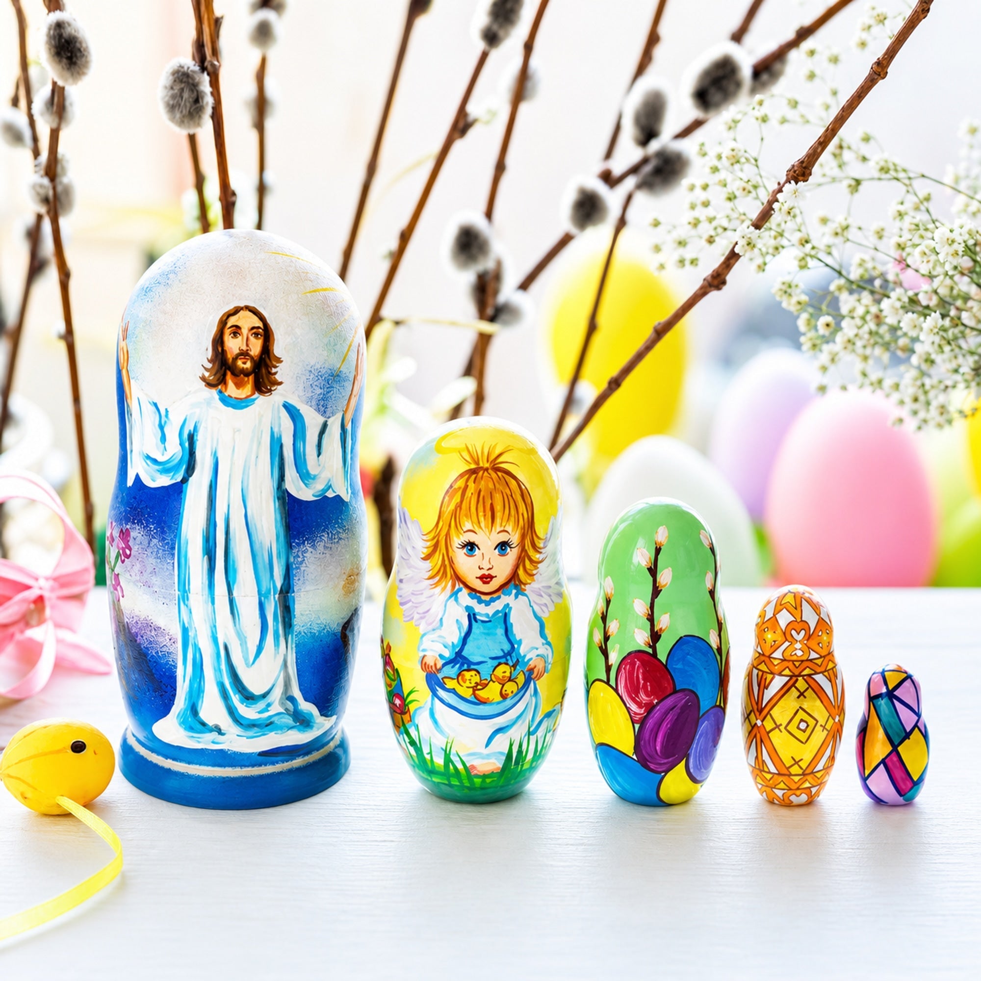 Set of 5 Jesus Christ Rising, Angel and Easter Eggs Wooden Nesting Dolls 6 Inches