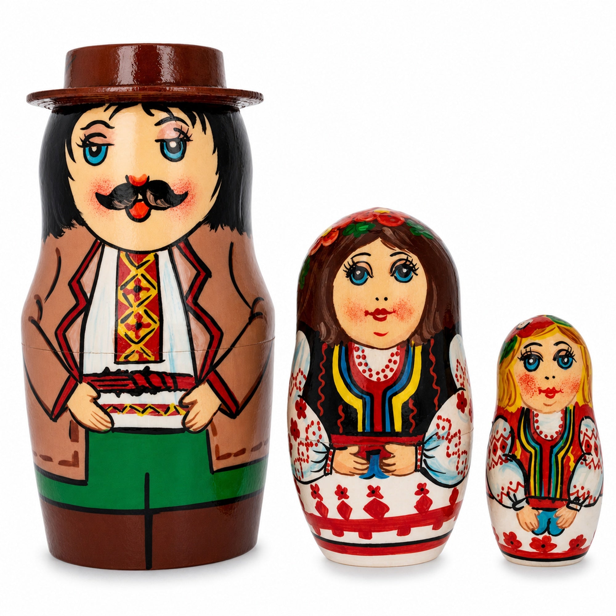 Set of 3 Ukrainian Hutsuls Family Wooden Nesting Dolls 4.5 Inches
