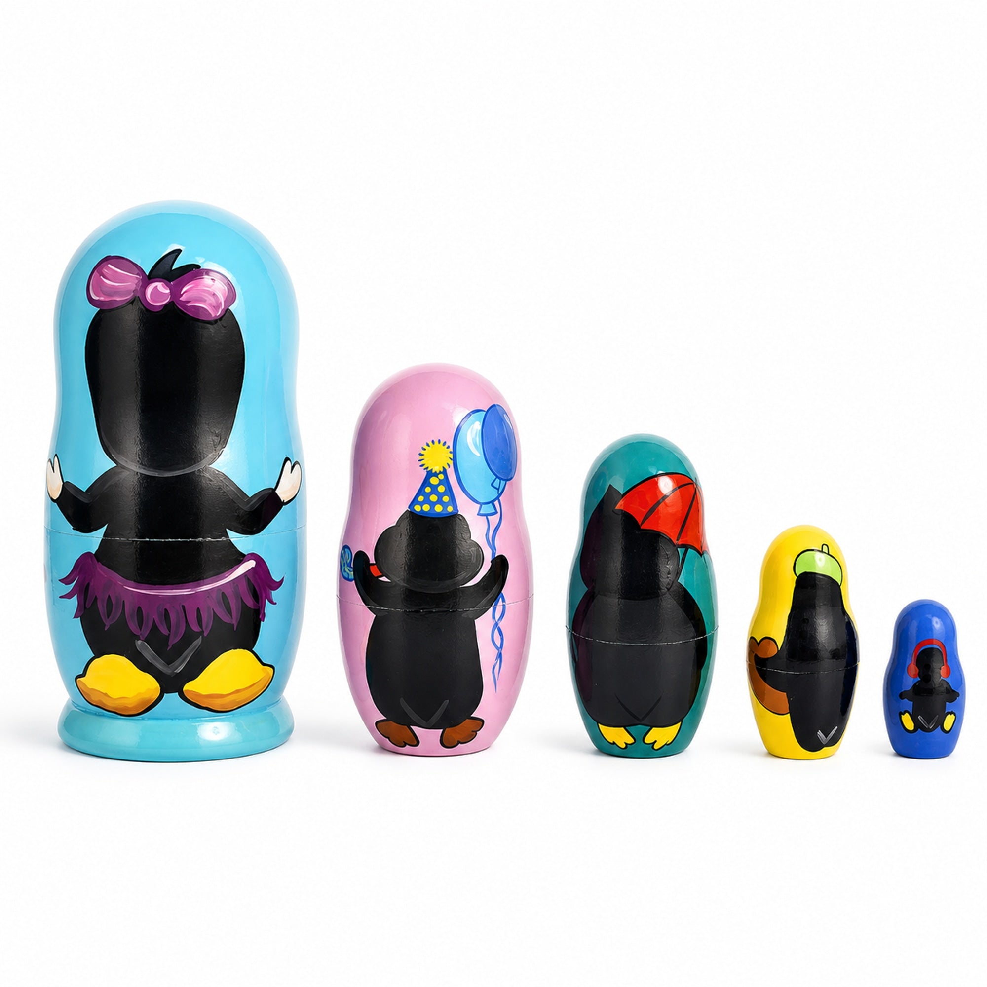 Set of 5 Penguins Wooden Nesting Dolls 6 Inches