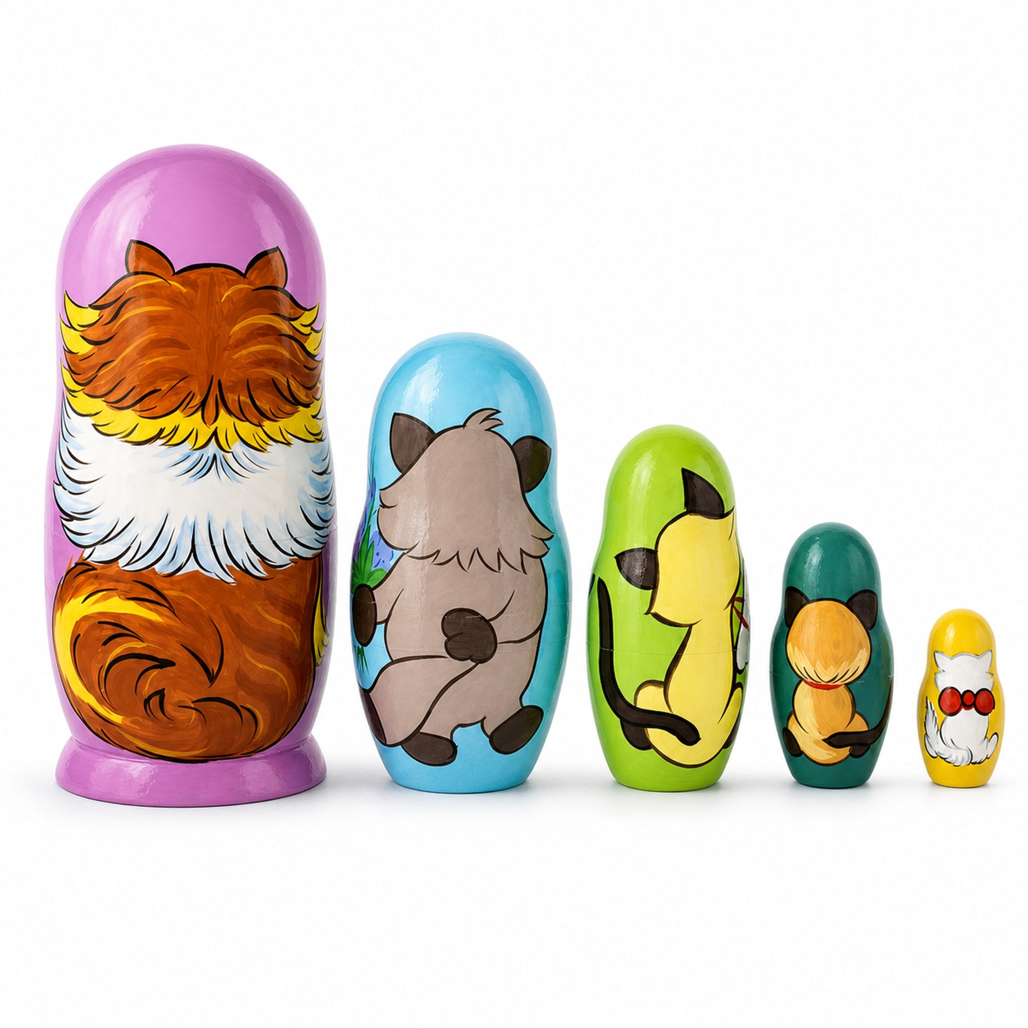 Set of 5 Colorful Cats Wooden Nesting Dolls 6 Inches