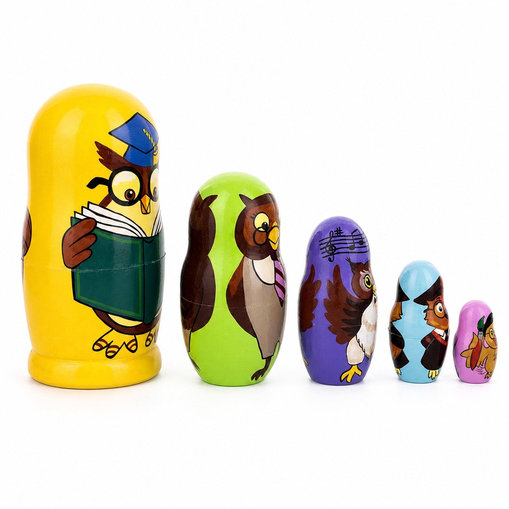Set of 5 Owls Professors Wooden Nesting Dolls 6 Inches