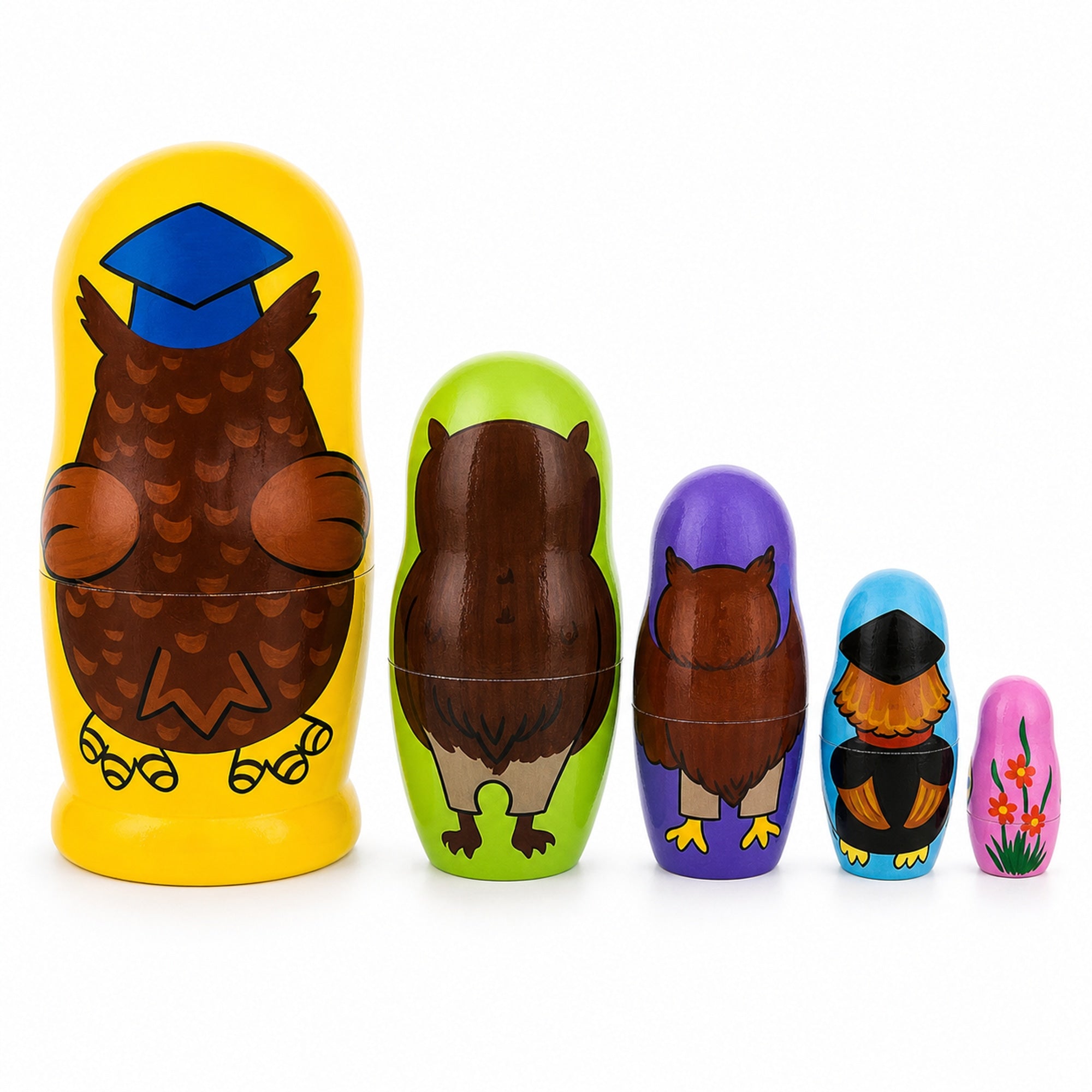 Set of 5 Owls Professors Wooden Nesting Dolls 6 Inches