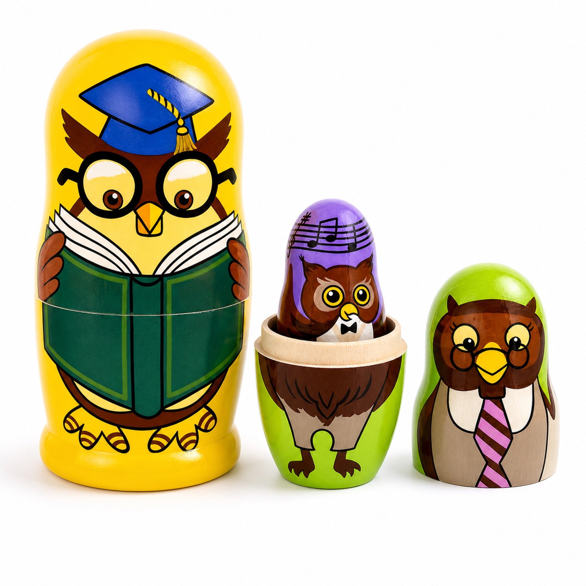 Set of 5 Owls Professors Wooden Nesting Dolls 6 Inches