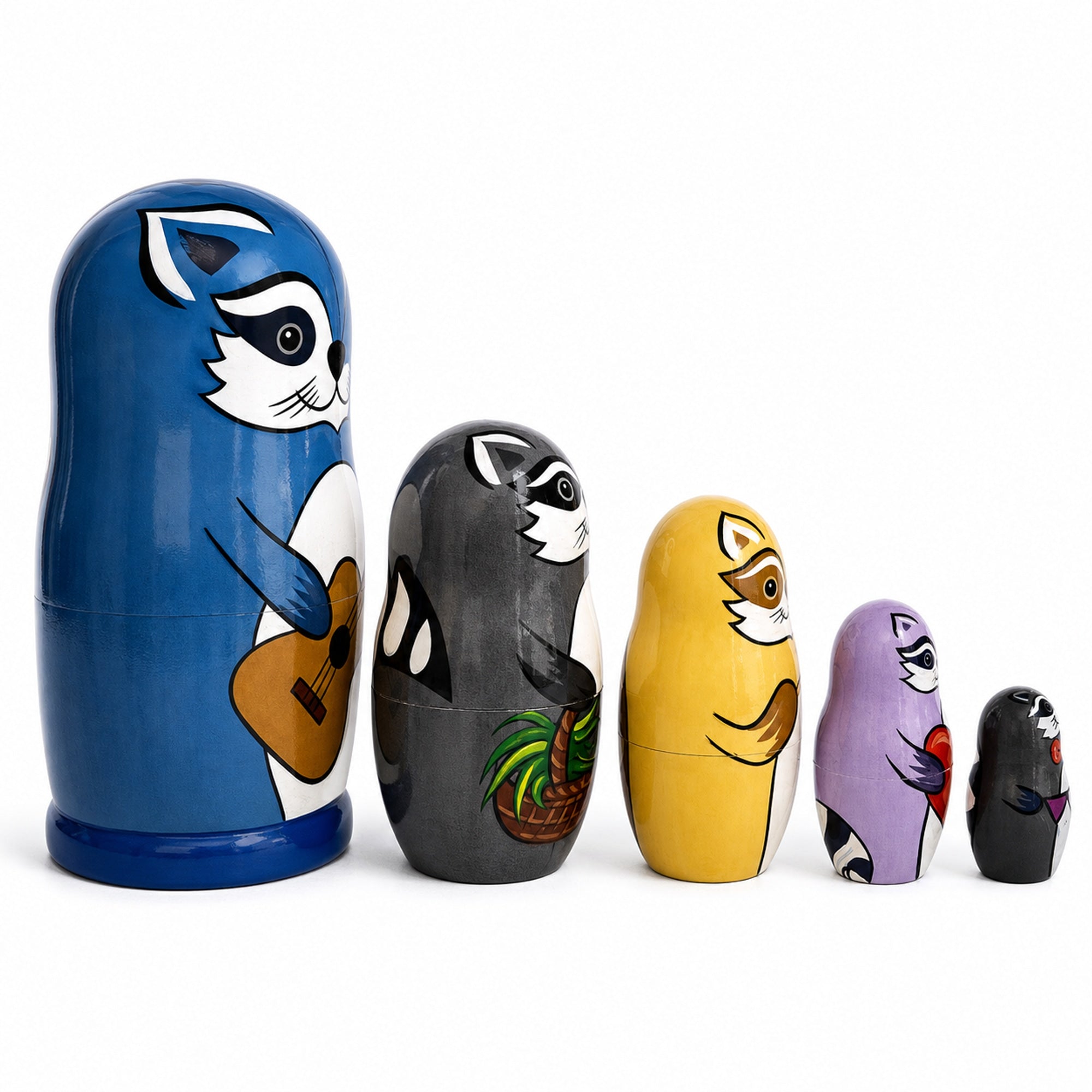Set of 5 Raccoon Family Wooden Nesting Dolls 6 Inches