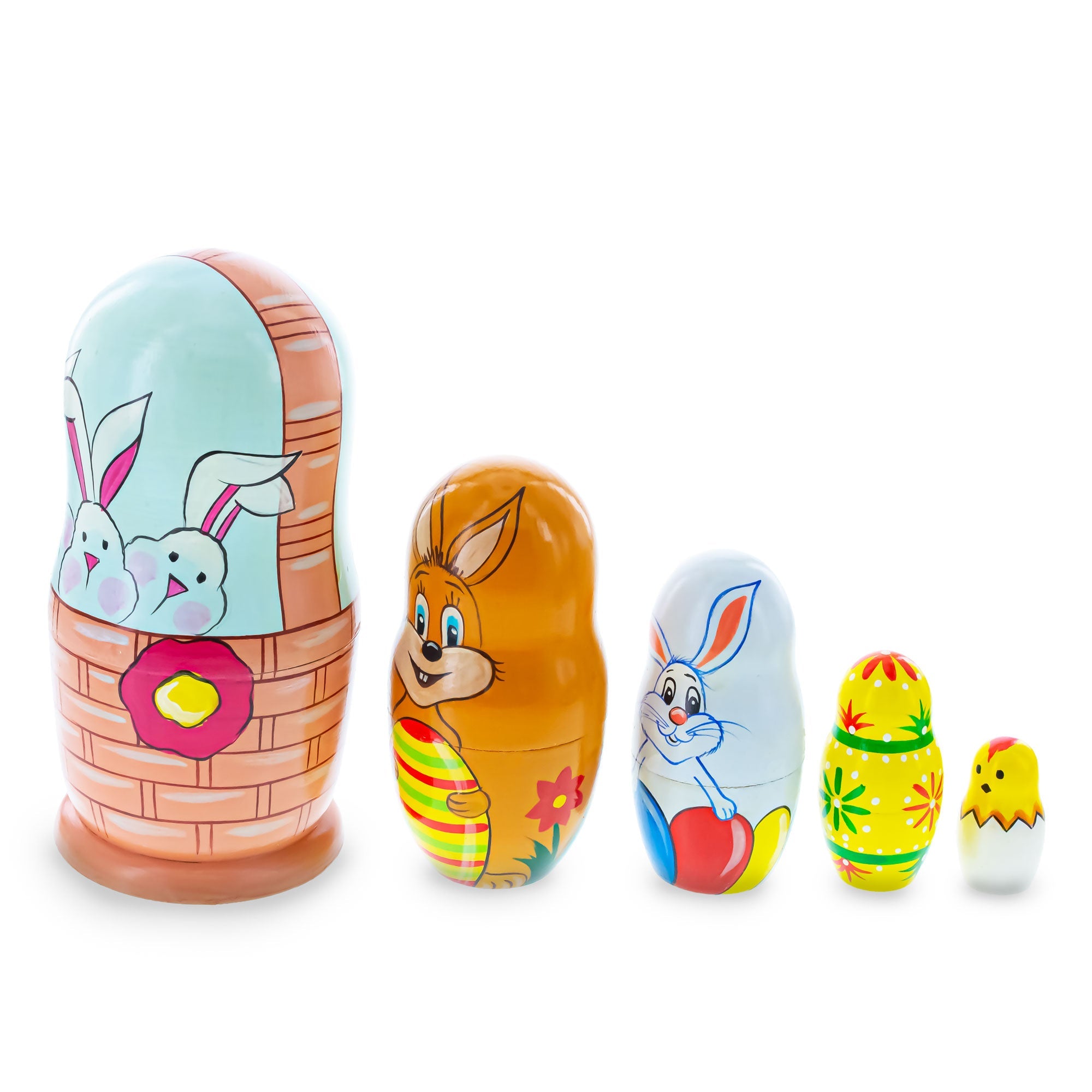 5 Bunnies, Chick with Easter Eggs Wicker Basket Wooden Nesting Figurines 6 Inches