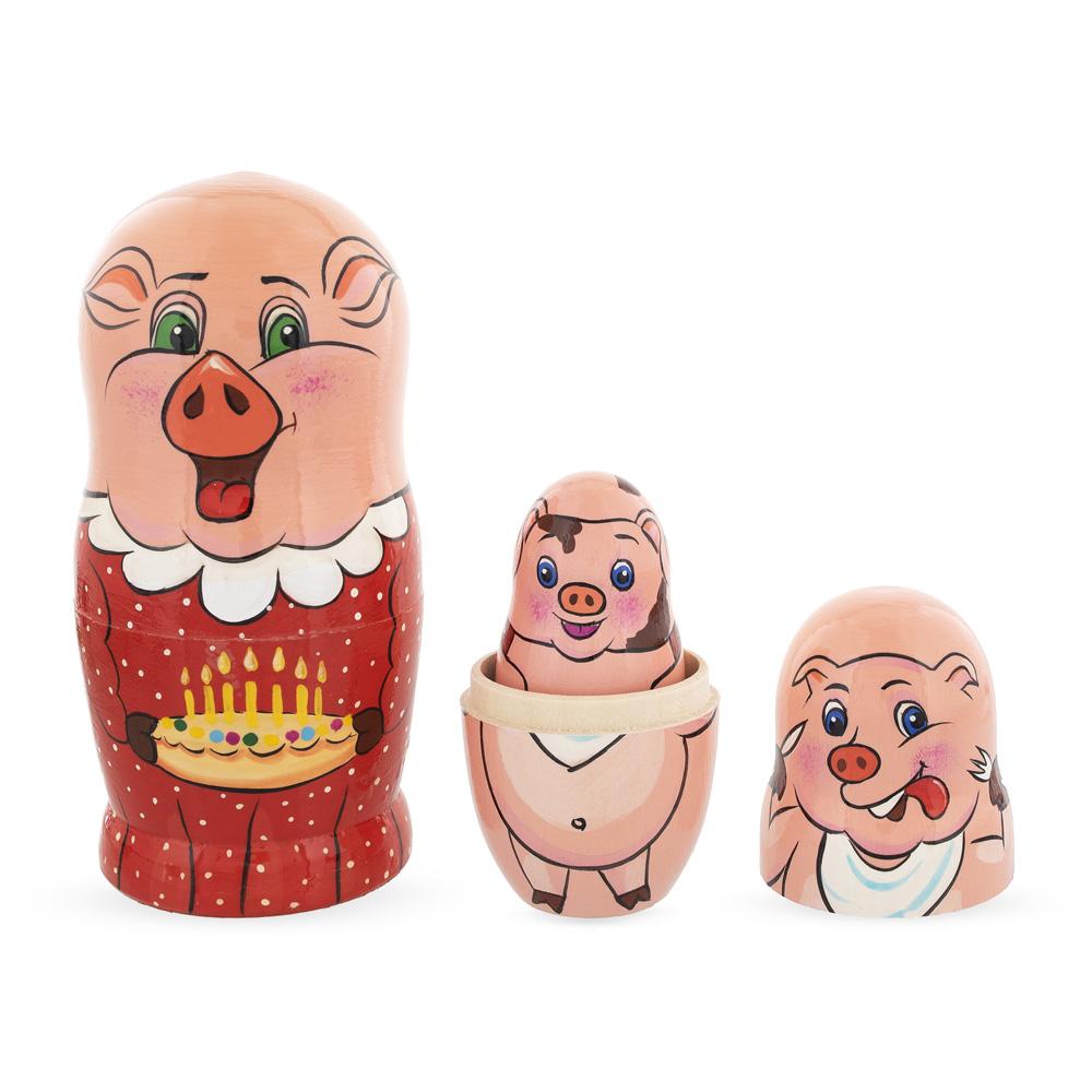 Set of 5 Pigs Celebration Wooden Nesting Dolls 6 Inches