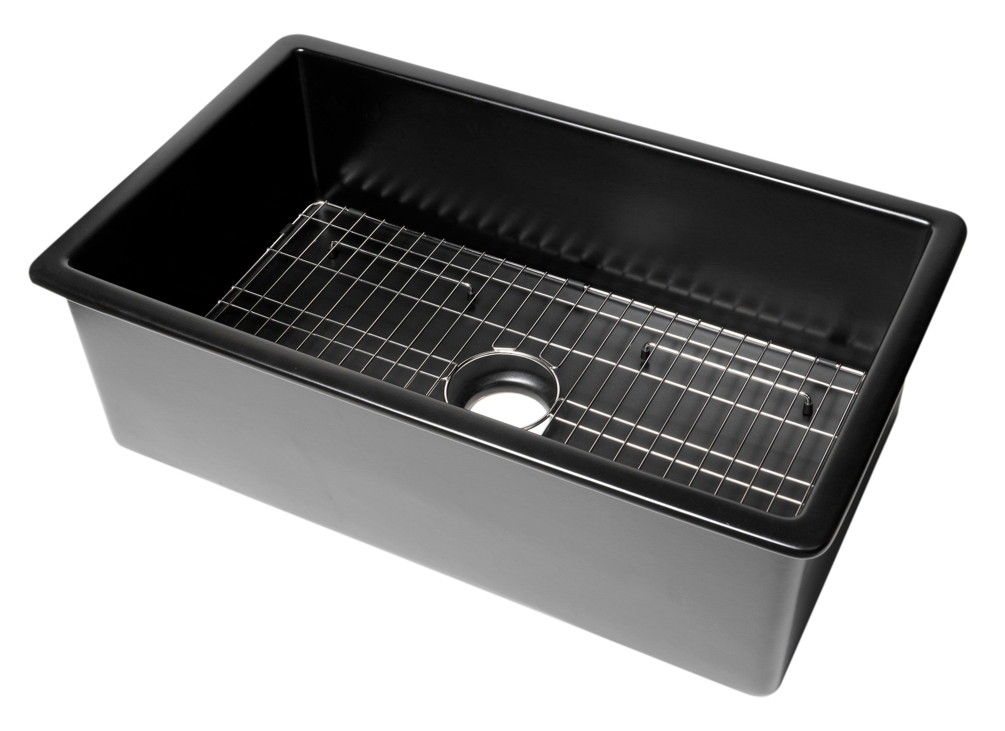 ALFI brand ABF3219SUD-BM Black Matte 32 x 19 Fireclay Single Bowl Undermount / Drop In Kitchen Sink w Grid