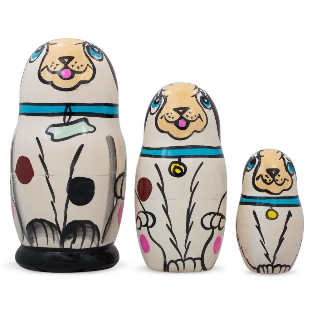 Wooden White Dog with Bone Collar Nesting Dolls - Stacking Matryoshka 4.25 Inches