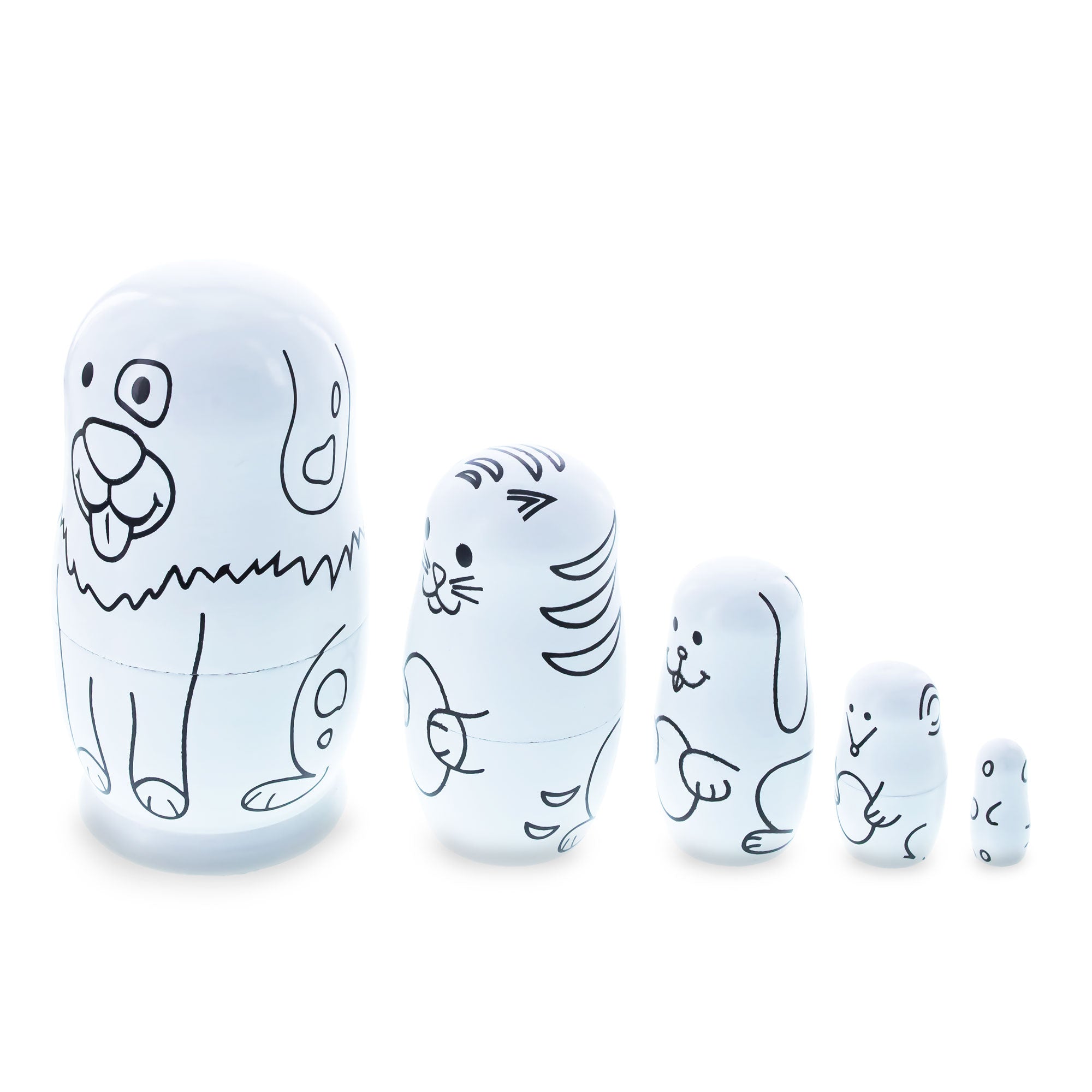 5 Unpainted Animals Wooden Nesting Figurines 4.75 Inches