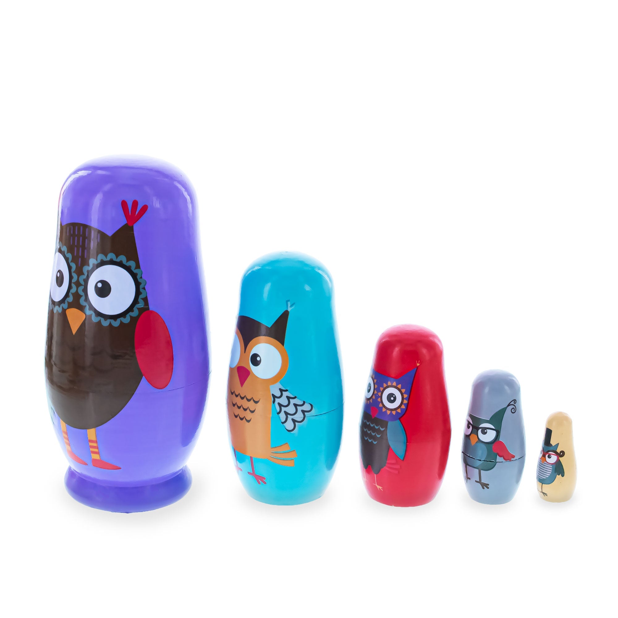 Set of 5 Wise Owls Family Wooden Nesting Dolls 5.75 Inches