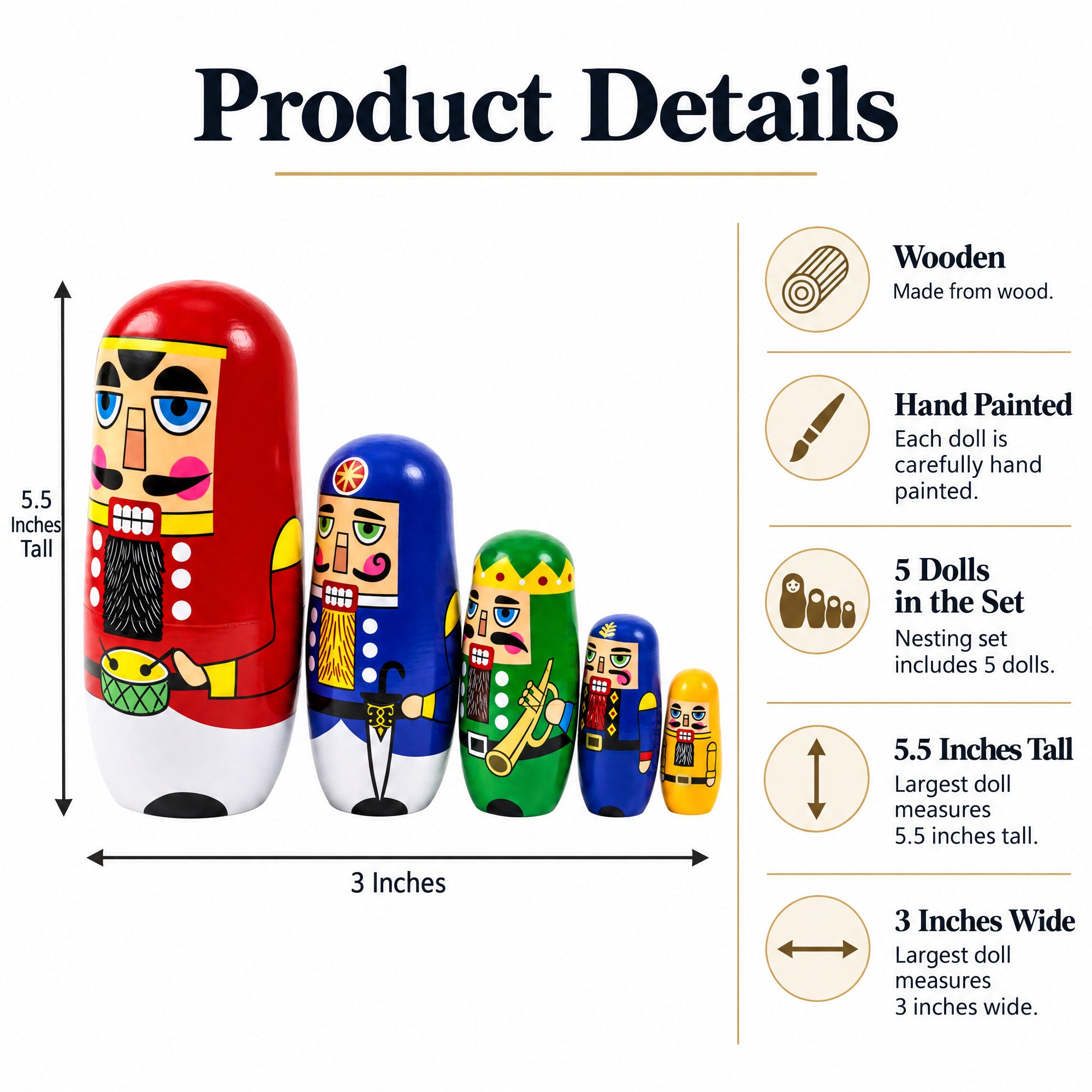 Set of 5 Nutcrackers Wooden Nesting Dolls 5.5 Inches
