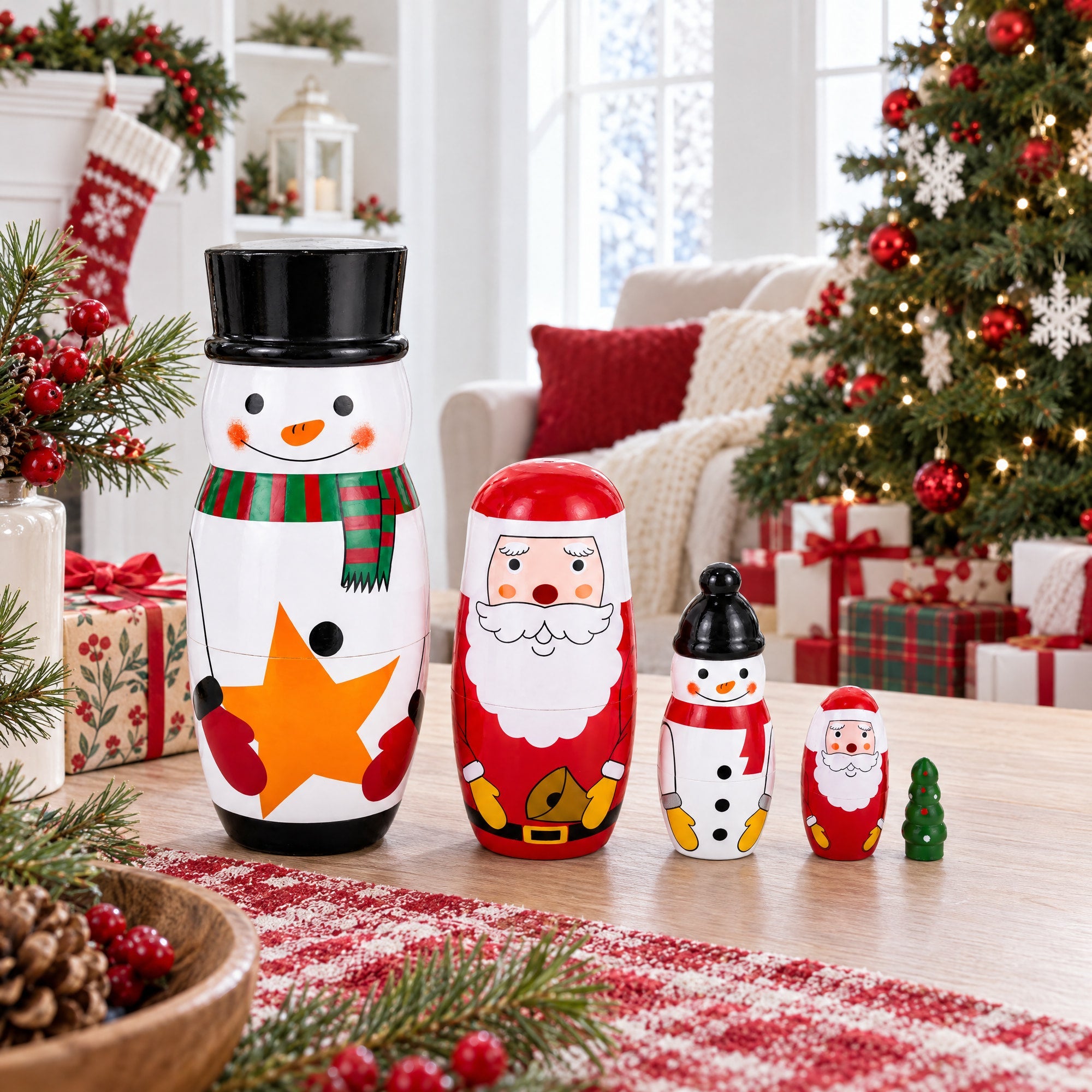 Santa, Snowman & Christmas Tree Wooden Nesting Dolls 5 Inches