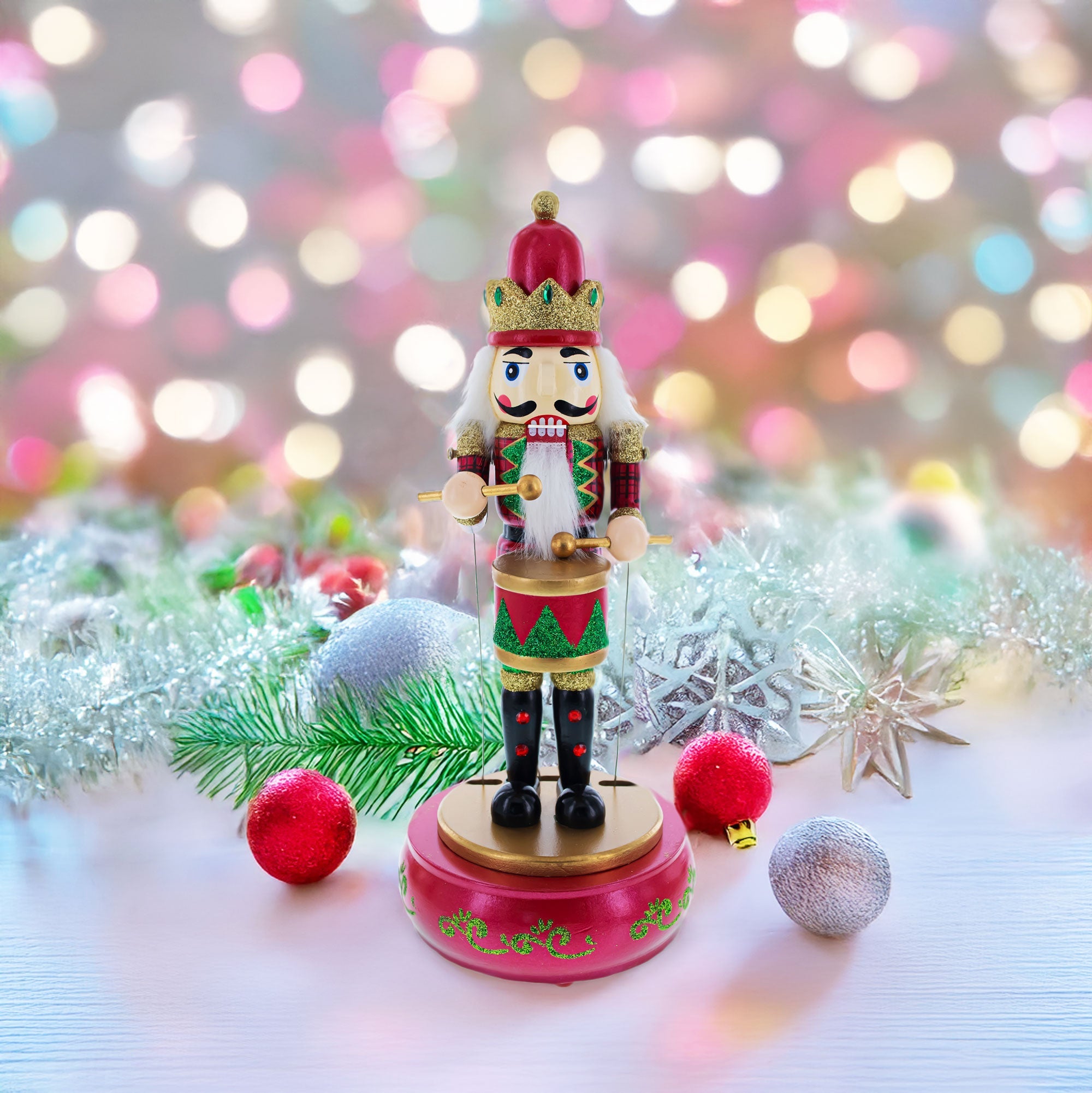 Animated Nutcracker Drummer Musical Figurine - Winter Music Box 13 Inches