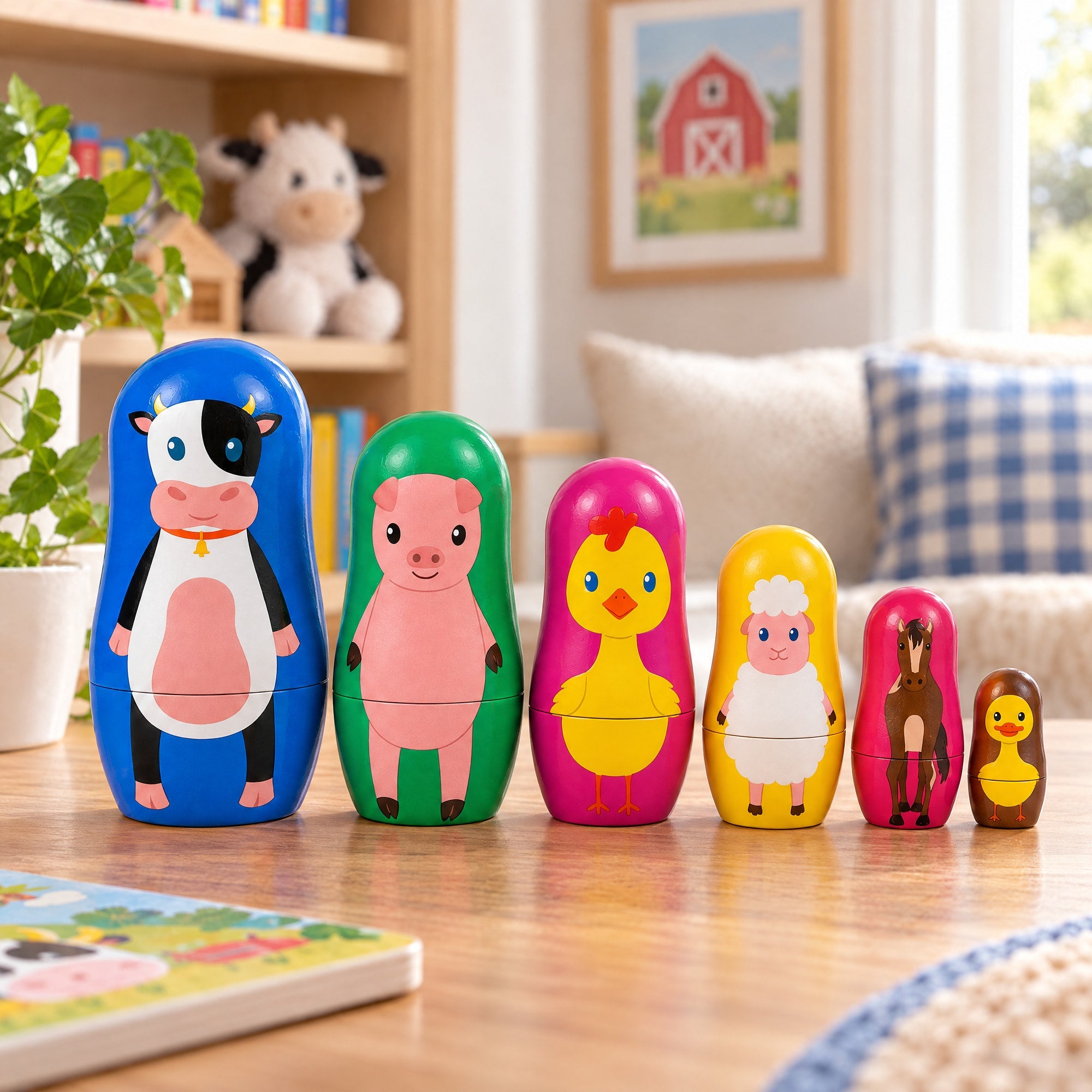 6 Farm Animals Plastic Nesting Dolls Cow, Pig, Chicken, Lamb, Horse & Duck