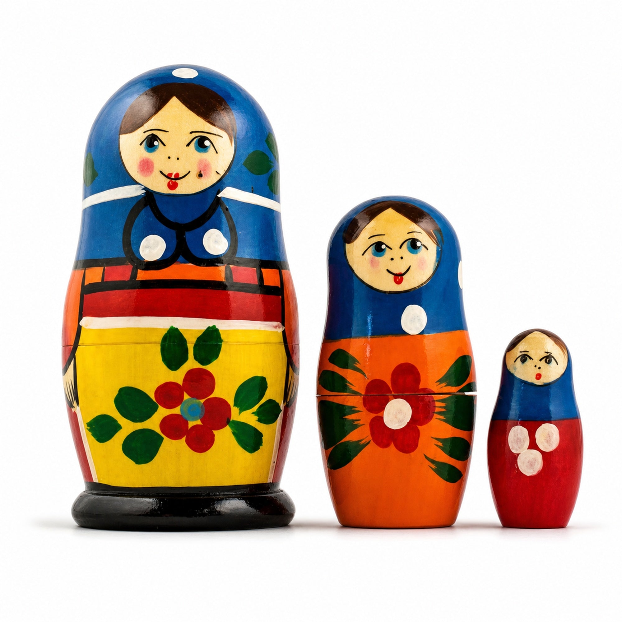 Set of 3 Folk Girls in Blue Scarf Wooden Nesting Dolls 3.5 Inches