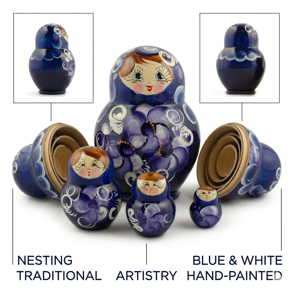 Set of 4 Wooden Floral Nesting Dolls - 3" Blue & Purple Flower Matryoshka