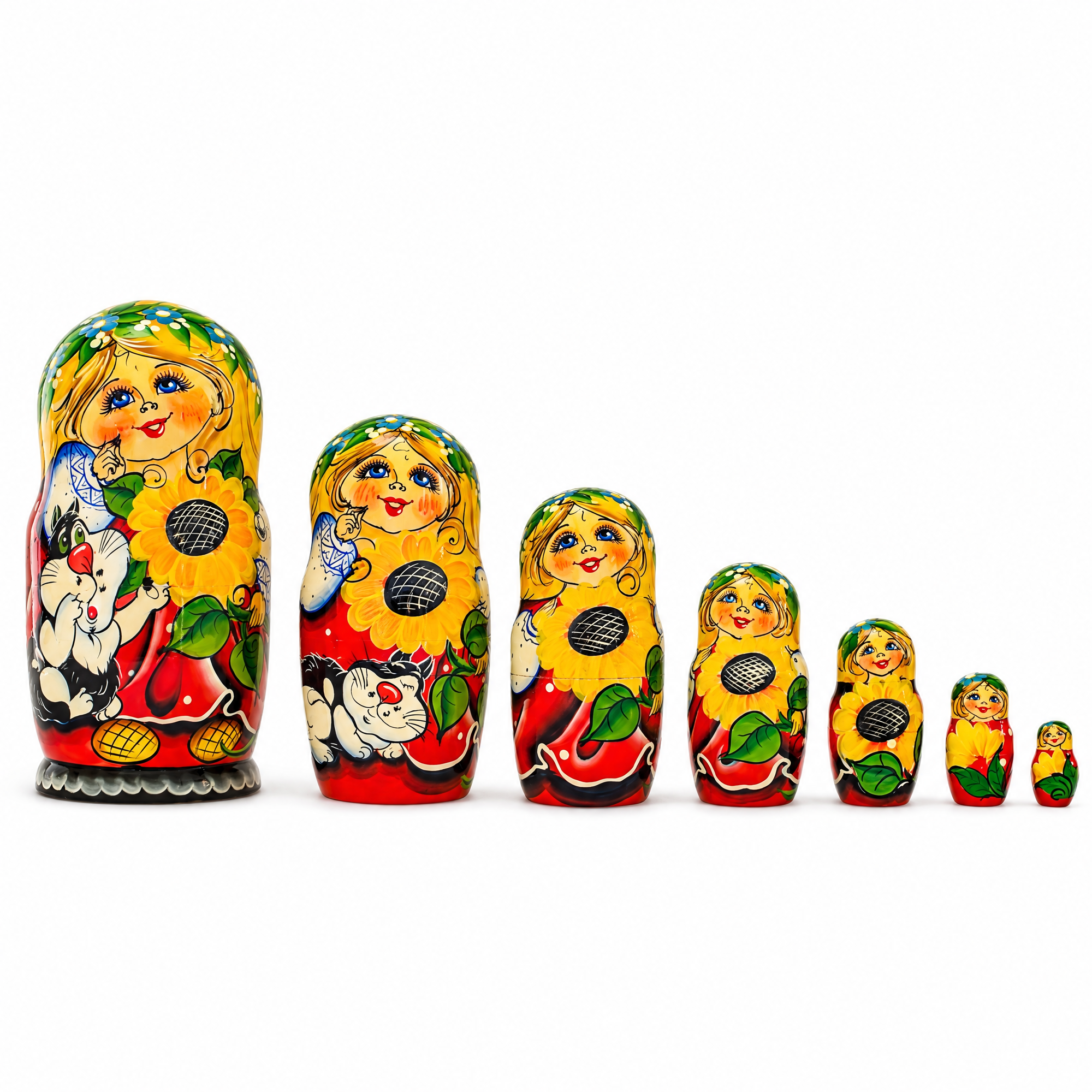 Set of 7 Yana with Cat in Red Dress Nesting Dolls 8.5 Inches