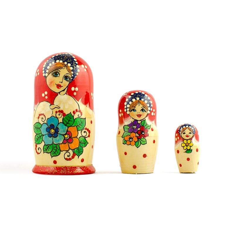 Set of 3 Wooden Floral Nesting Dolls - 3" Blue & Orange Flower Matryoshka