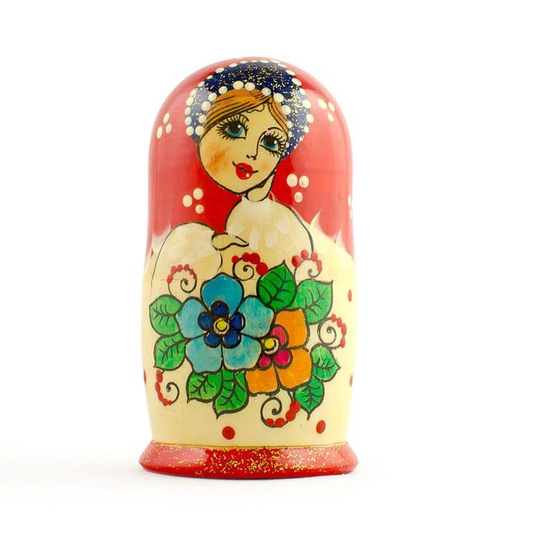 Set of 3 Wooden Floral Nesting Dolls - 3" Blue & Orange Flower Matryoshka