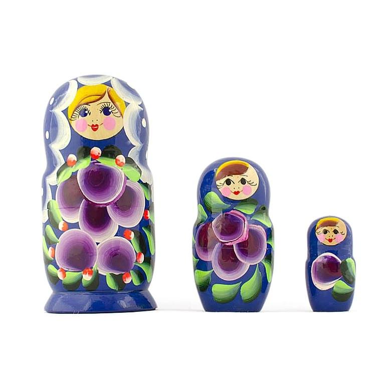 Set of 3 Wooden Floral Nesting Dolls - 3.5" Blue & Purple Flower Matryoshka