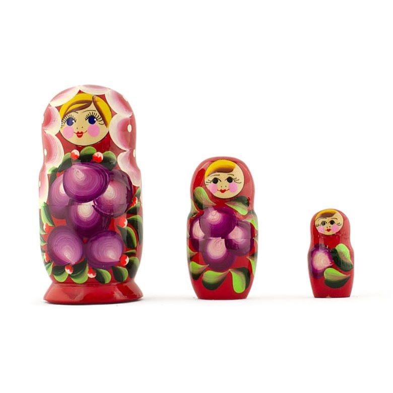 Set of 3 Wooden Floral Nesting Dolls - 3.5" Purple Flower Matryoshka