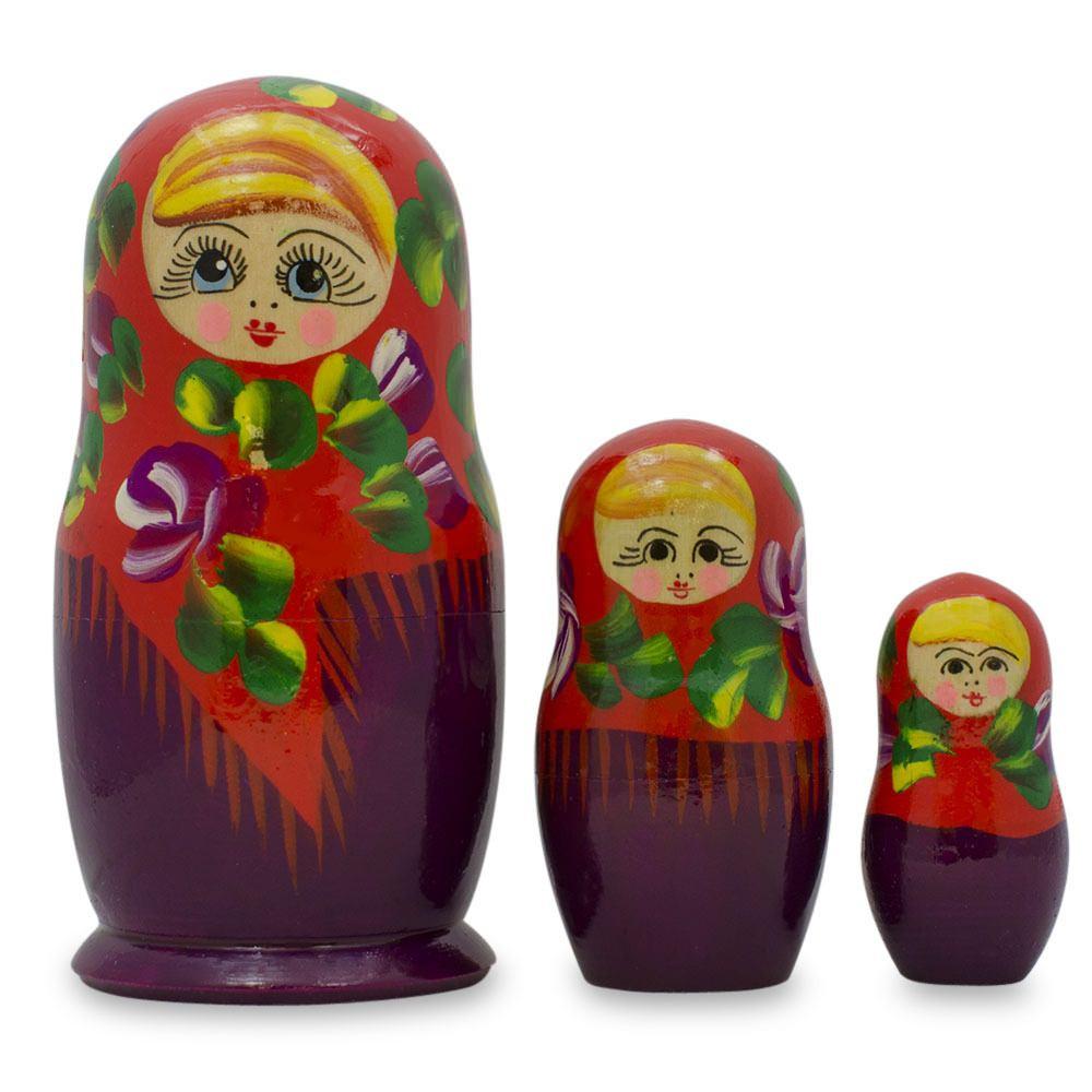 Set of 3 Wooden Floral Nesting Dolls - 3.5" Red & Purple Flower Matryoshka