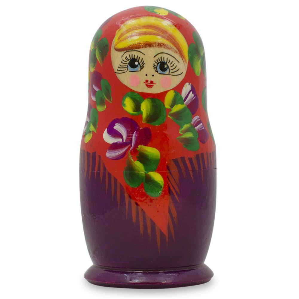 Set of 3 Wooden Floral Nesting Dolls - 3.5" Red & Purple Flower Matryoshka