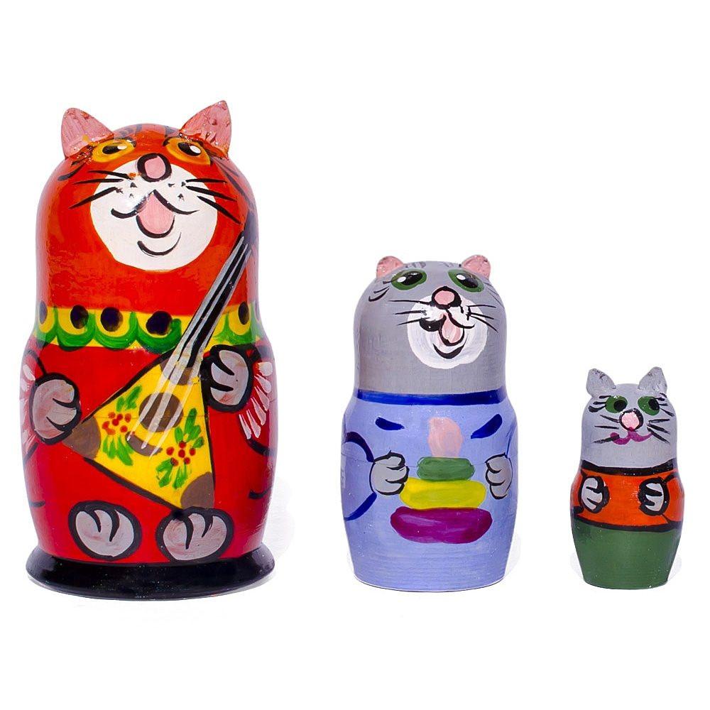Set of 3 Cat with Balalaika Music Instrument Nesting Figurines 3.5 Inches