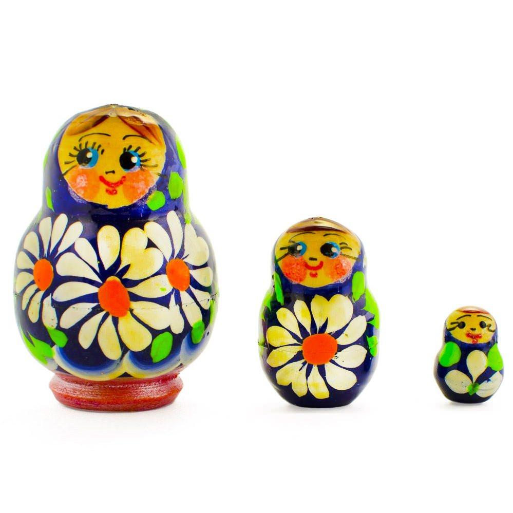 Set of 3 Wooden Daisy Nesting Dolls - 2" Blue & Yellow Flower Matryoshka