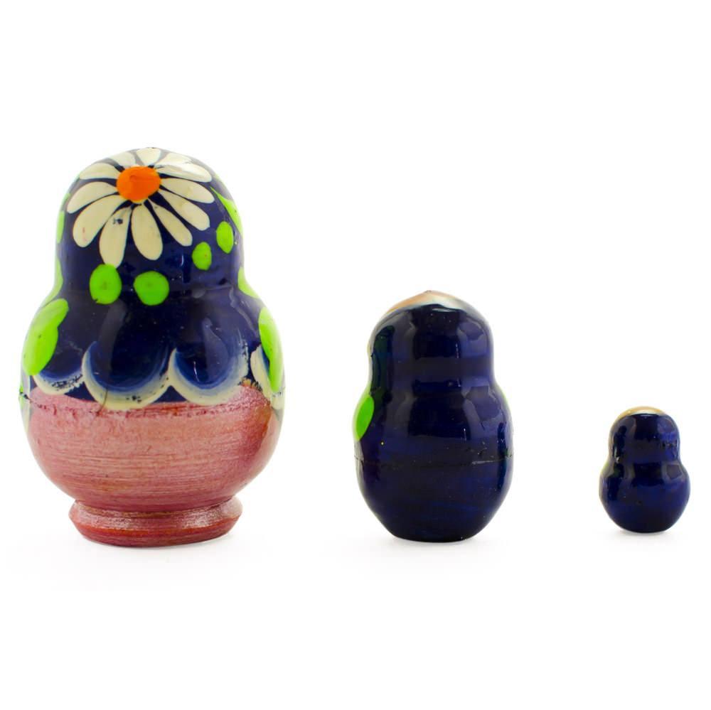 Set of 3 Wooden Daisy Nesting Dolls - 2" Blue & Yellow Flower Matryoshka